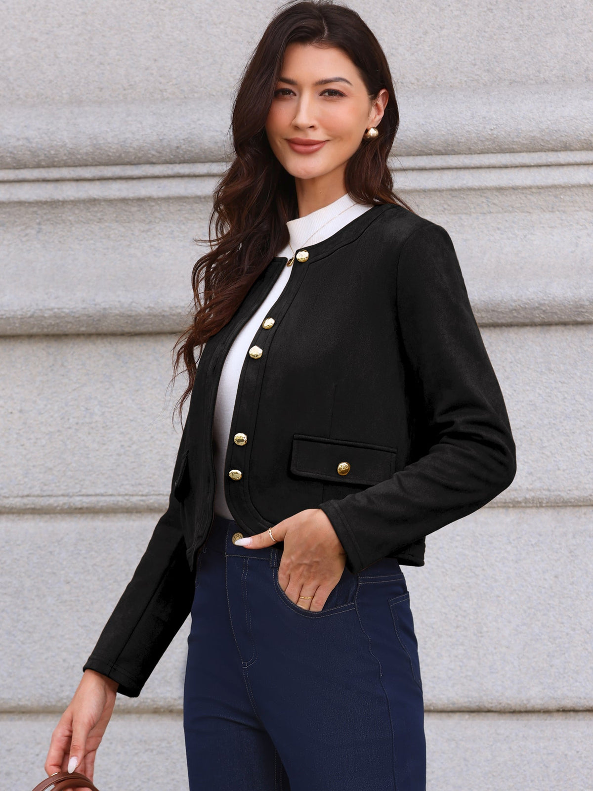 Crew Neck Long Sleeve Button Down Casual Cropped Jacket