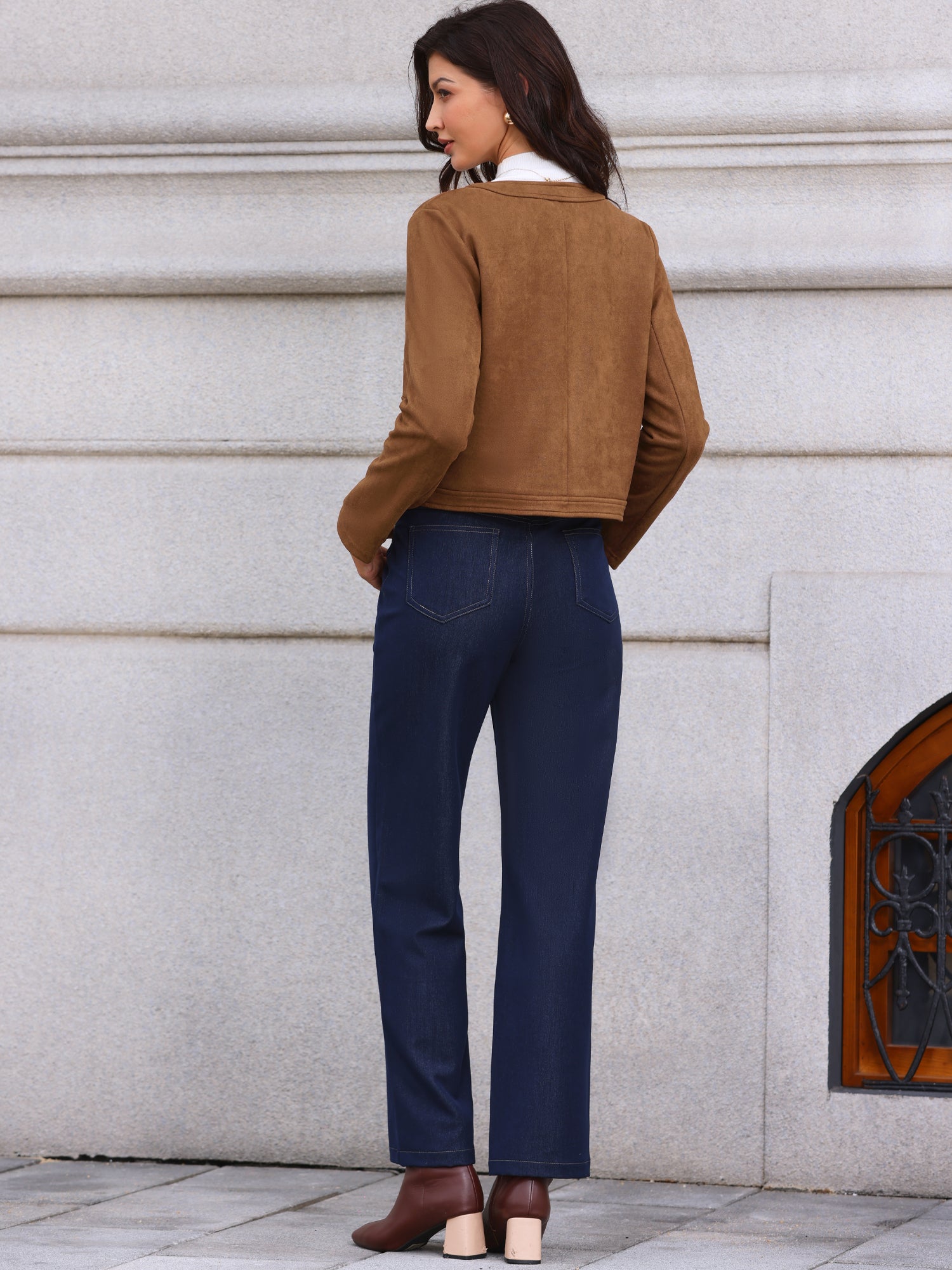 Crew Neck Long Sleeve Button Down Casual Cropped Jacket