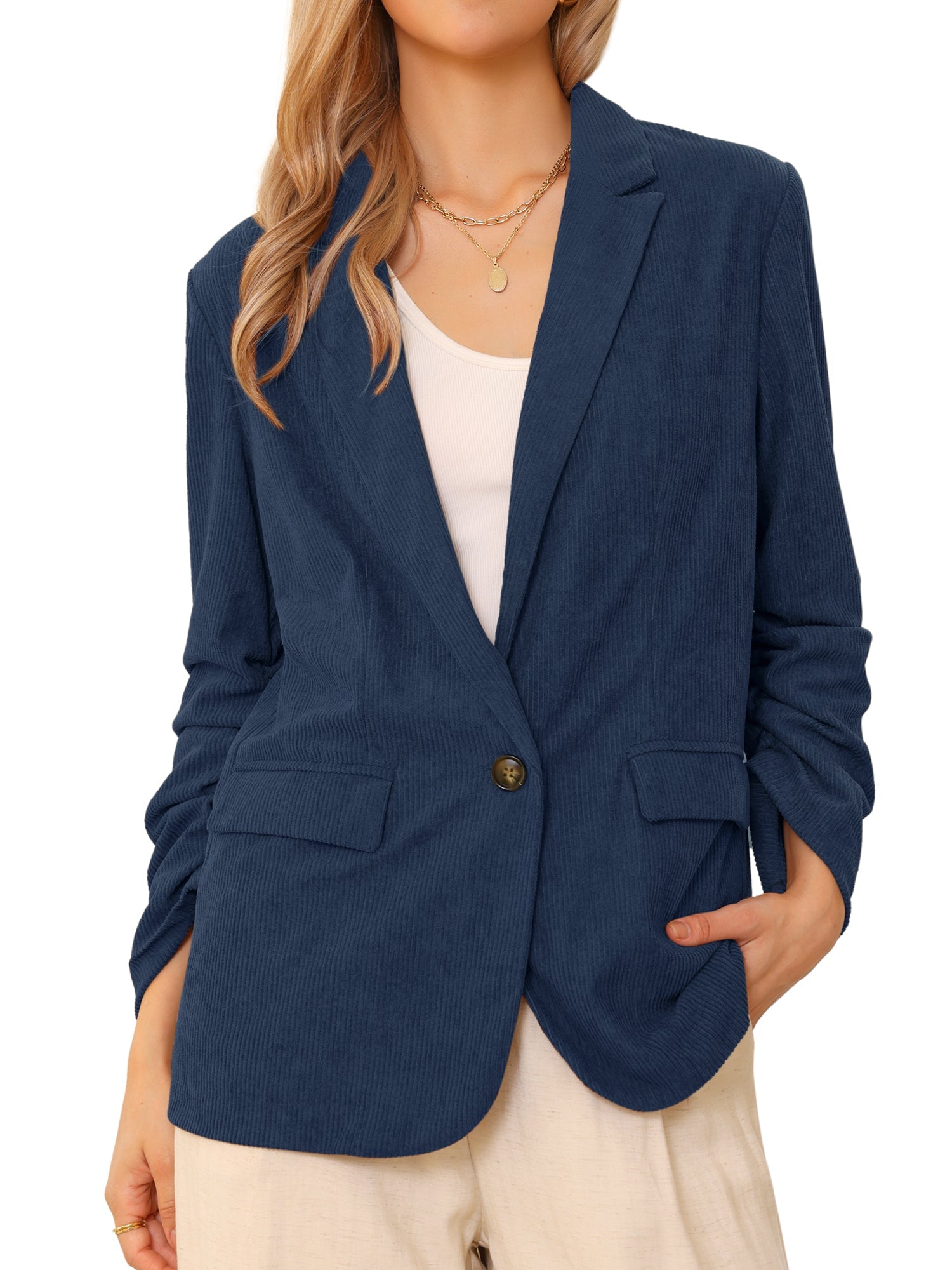 Ruched Sleeve Lapel Pockets Dressy Casual Business Corduroy Blazer