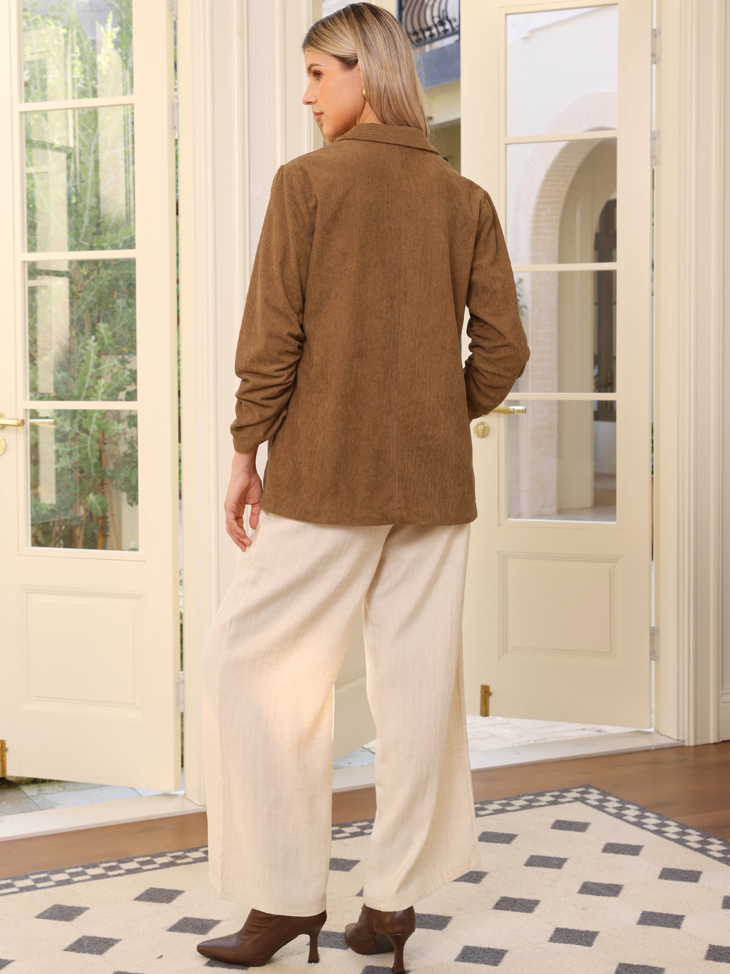 Ruched Sleeve Lapel Pockets Dressy Casual Business Corduroy Blazer