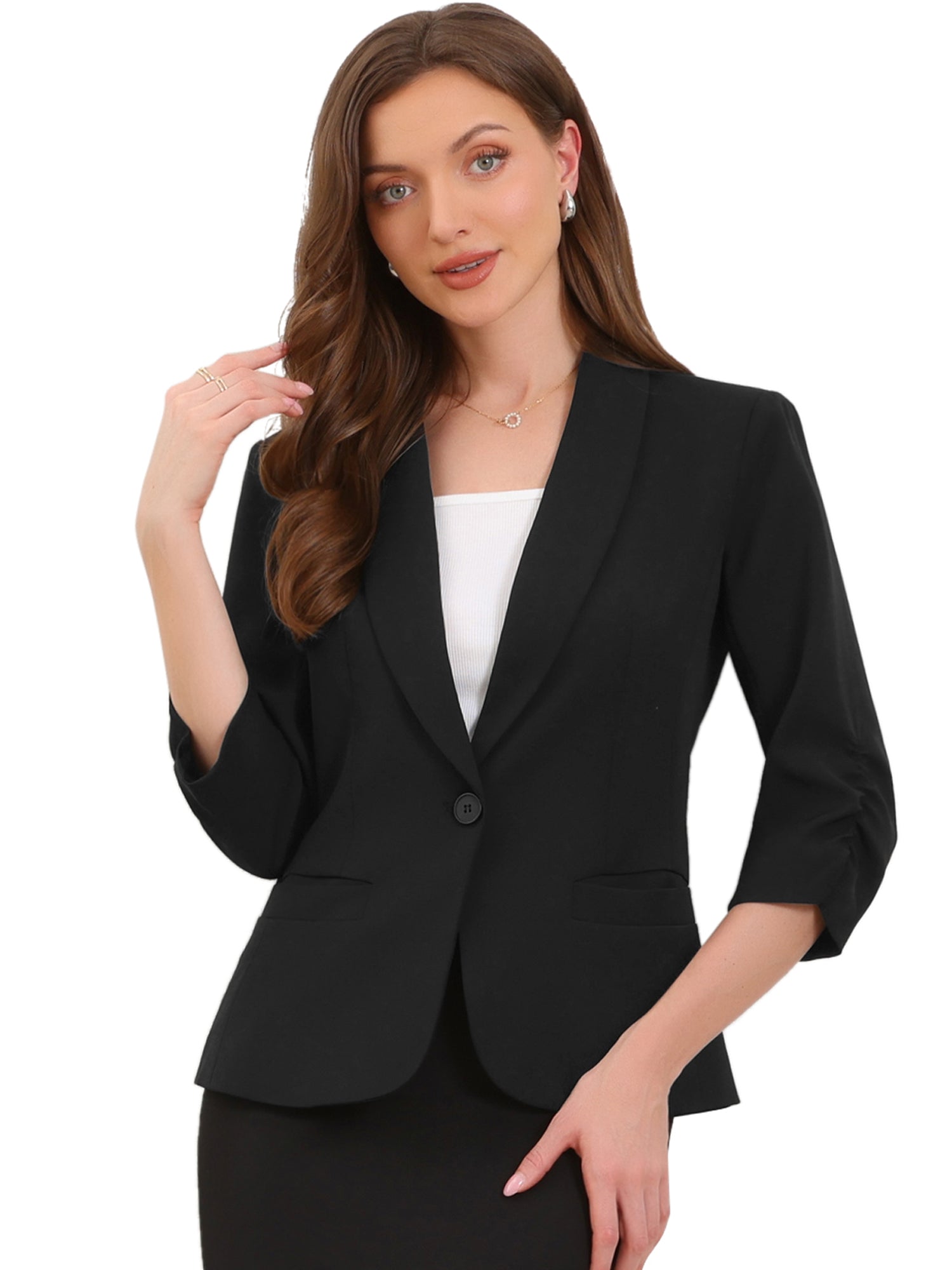 Shawl Lapel Ruched 3/4 Sleeves Pocketed Single Button Office Blazer