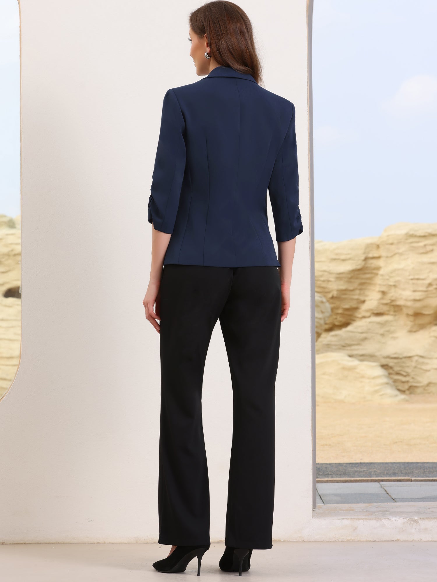 Shawl Lapel Ruched 3/4 Sleeves Pocketed Single Button Office Blazer