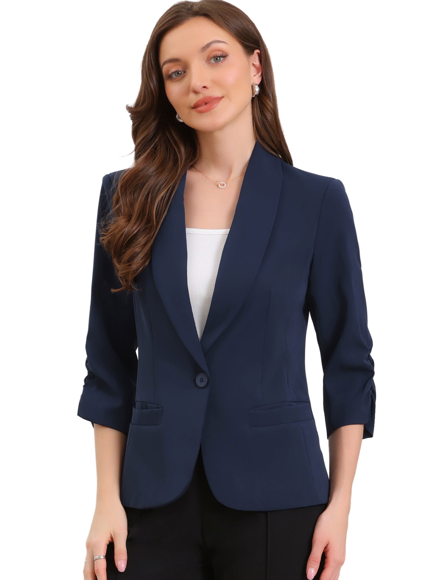 Shawl Lapel Ruched 3/4 Sleeves Pocketed Single Button Office Blazer