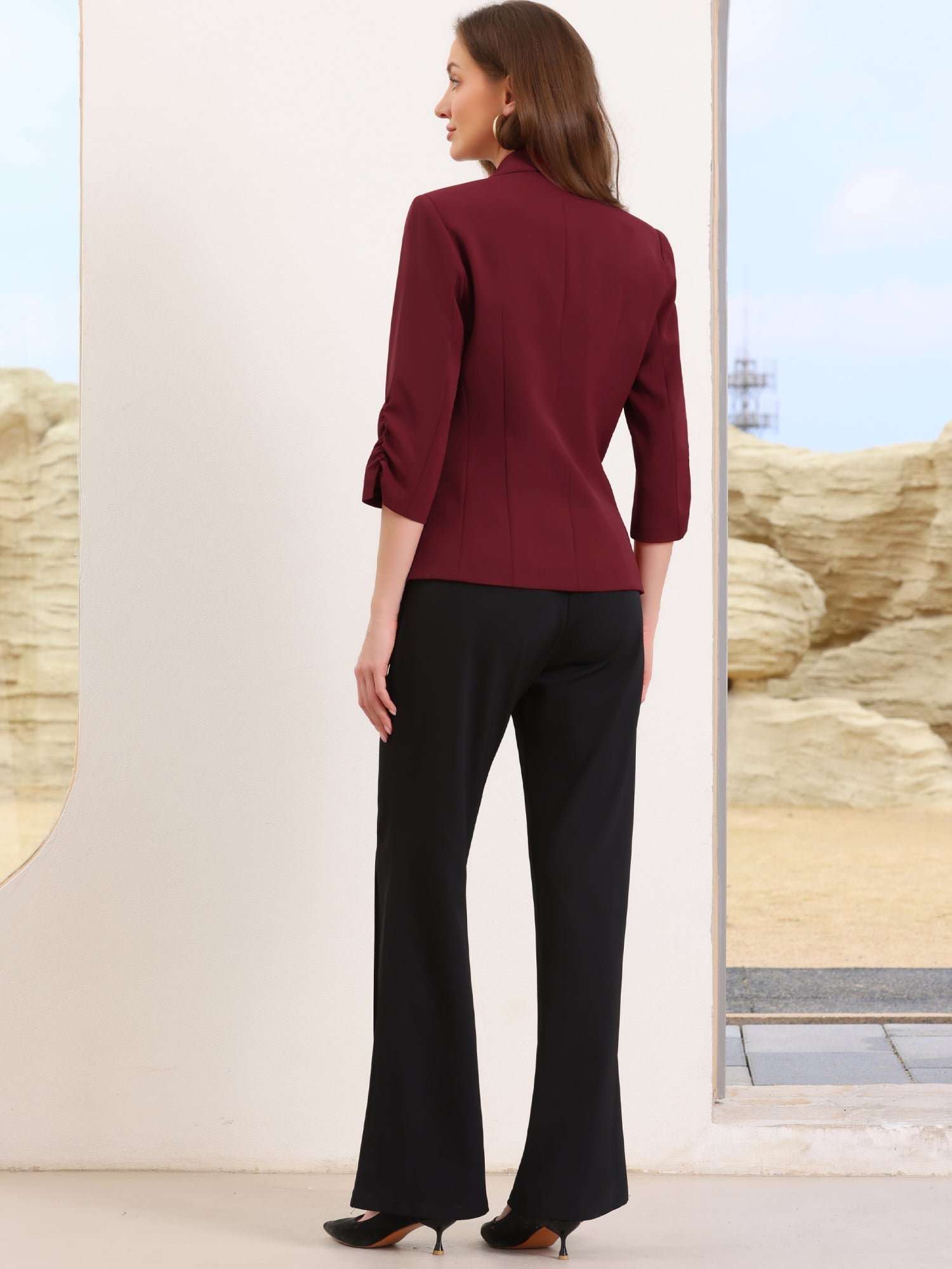 Shawl Lapel Ruched 3/4 Sleeves Pocketed Single Button Office Blazer