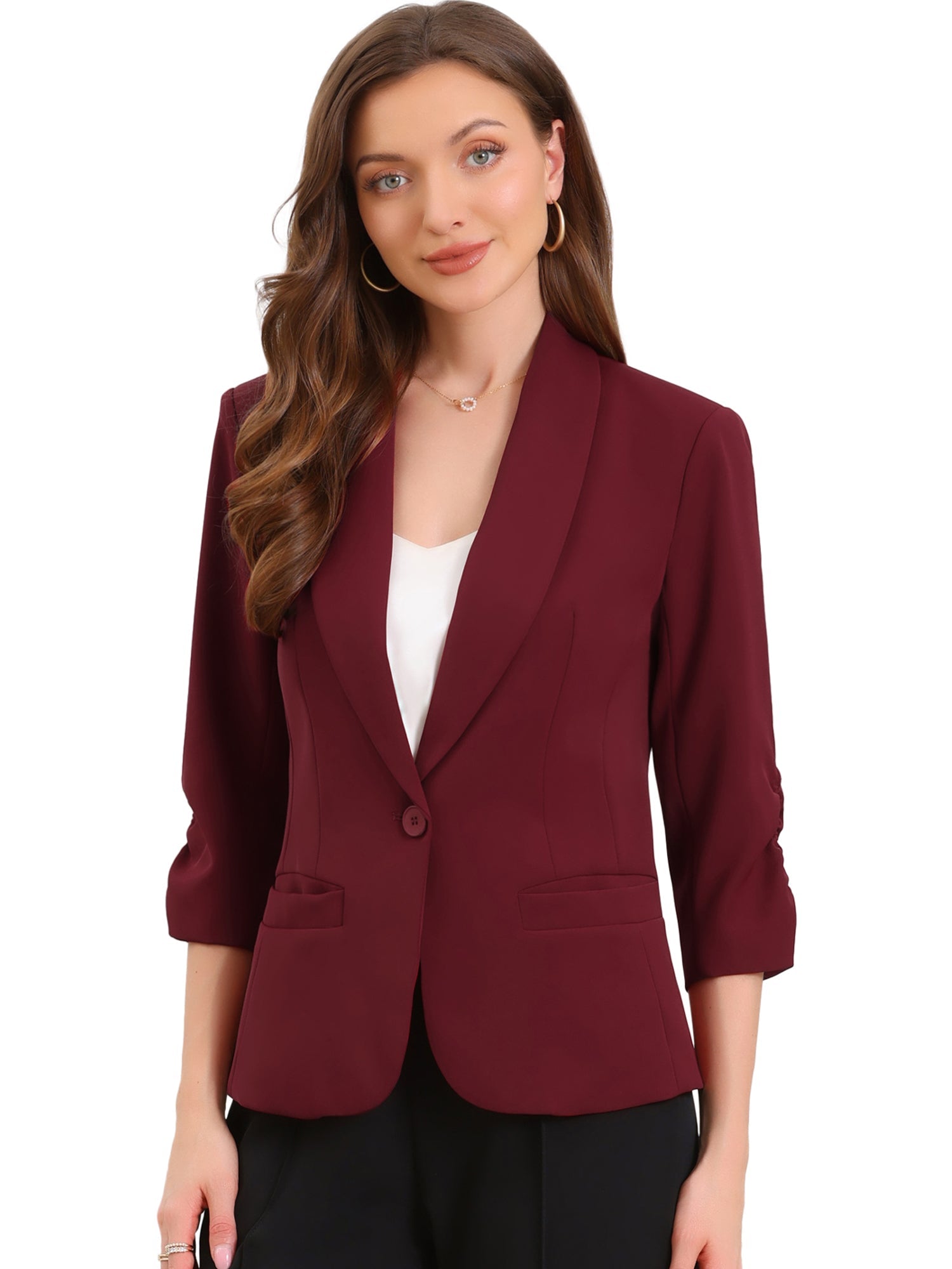 Shawl Lapel Ruched 3/4 Sleeves Pocketed Single Button Office Blazer