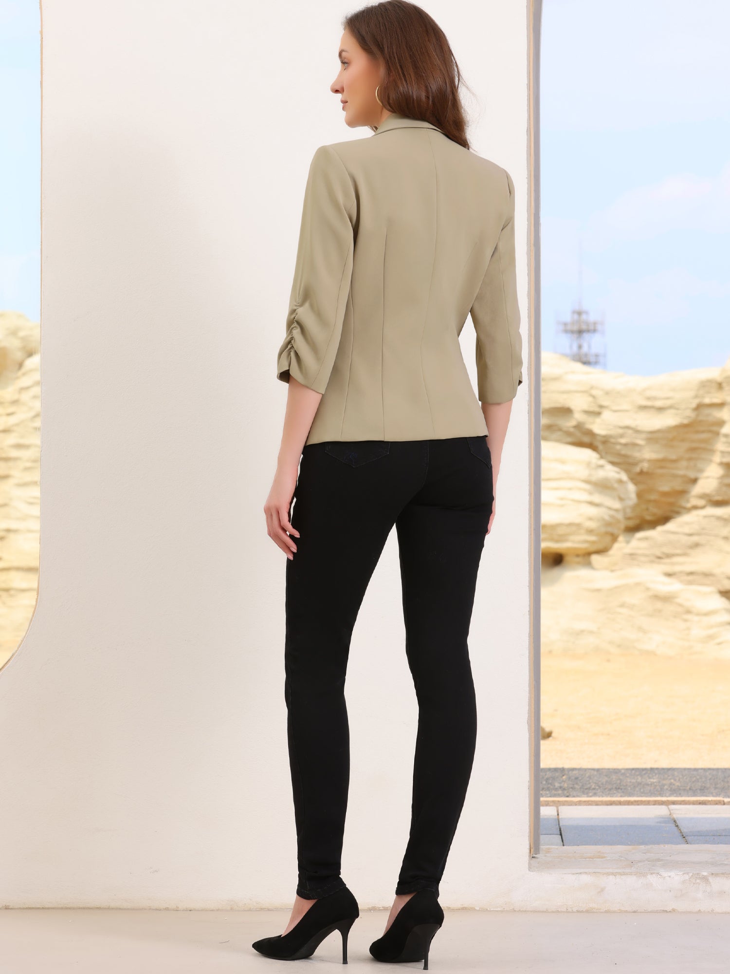 Shawl Lapel Ruched 3/4 Sleeves Pocketed Single Button Office Blazer