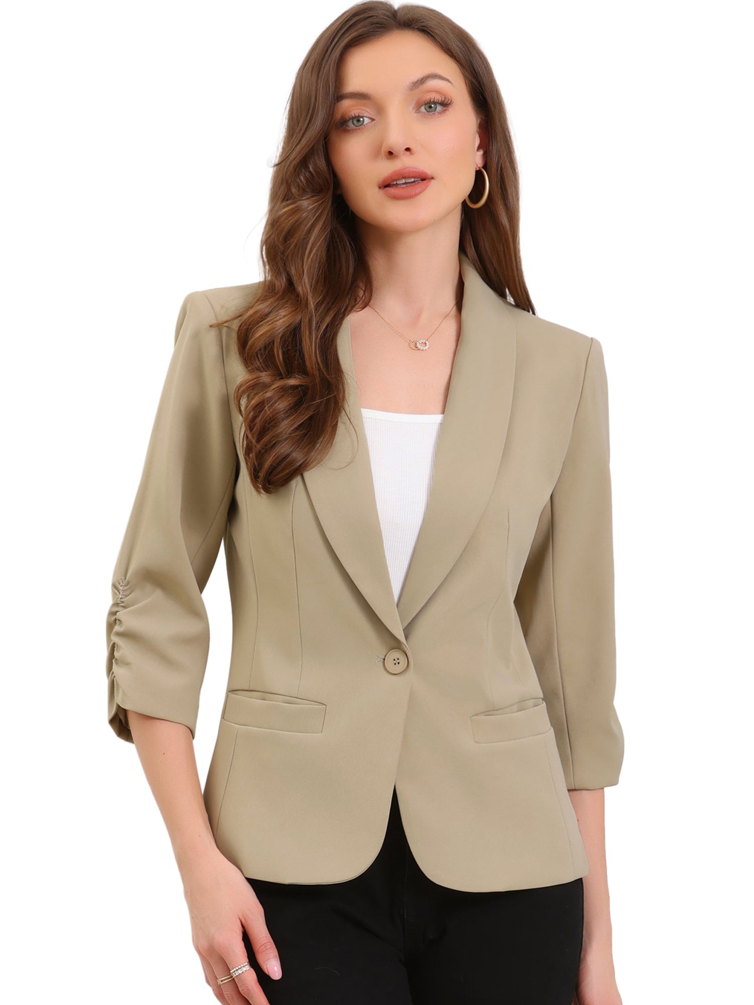 Shawl Lapel Ruched 3/4 Sleeves Pocketed Single Button Office Blazer