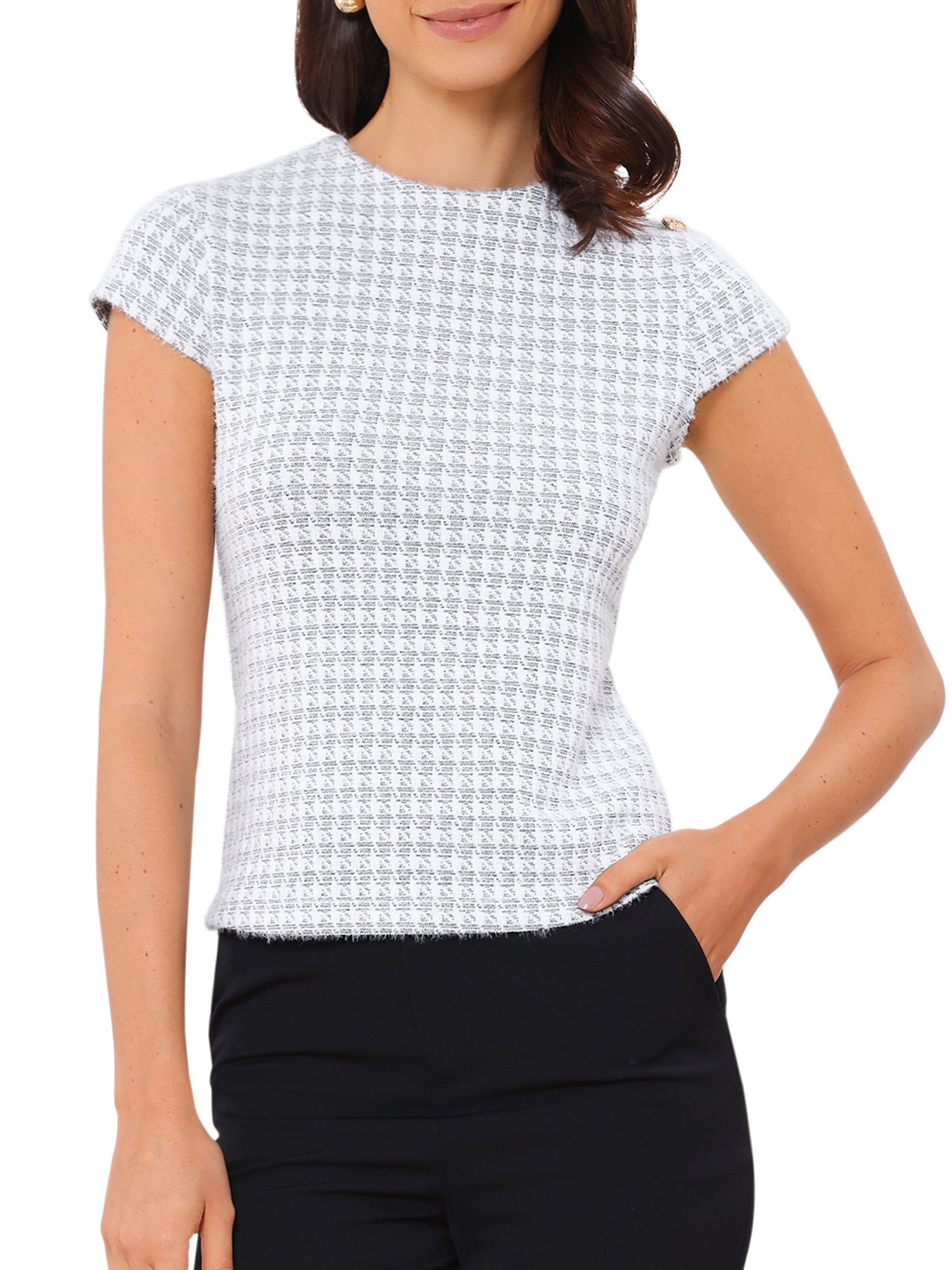 Houndstooth Crew Neck Strenchy Work Office Cap Sleeve Top