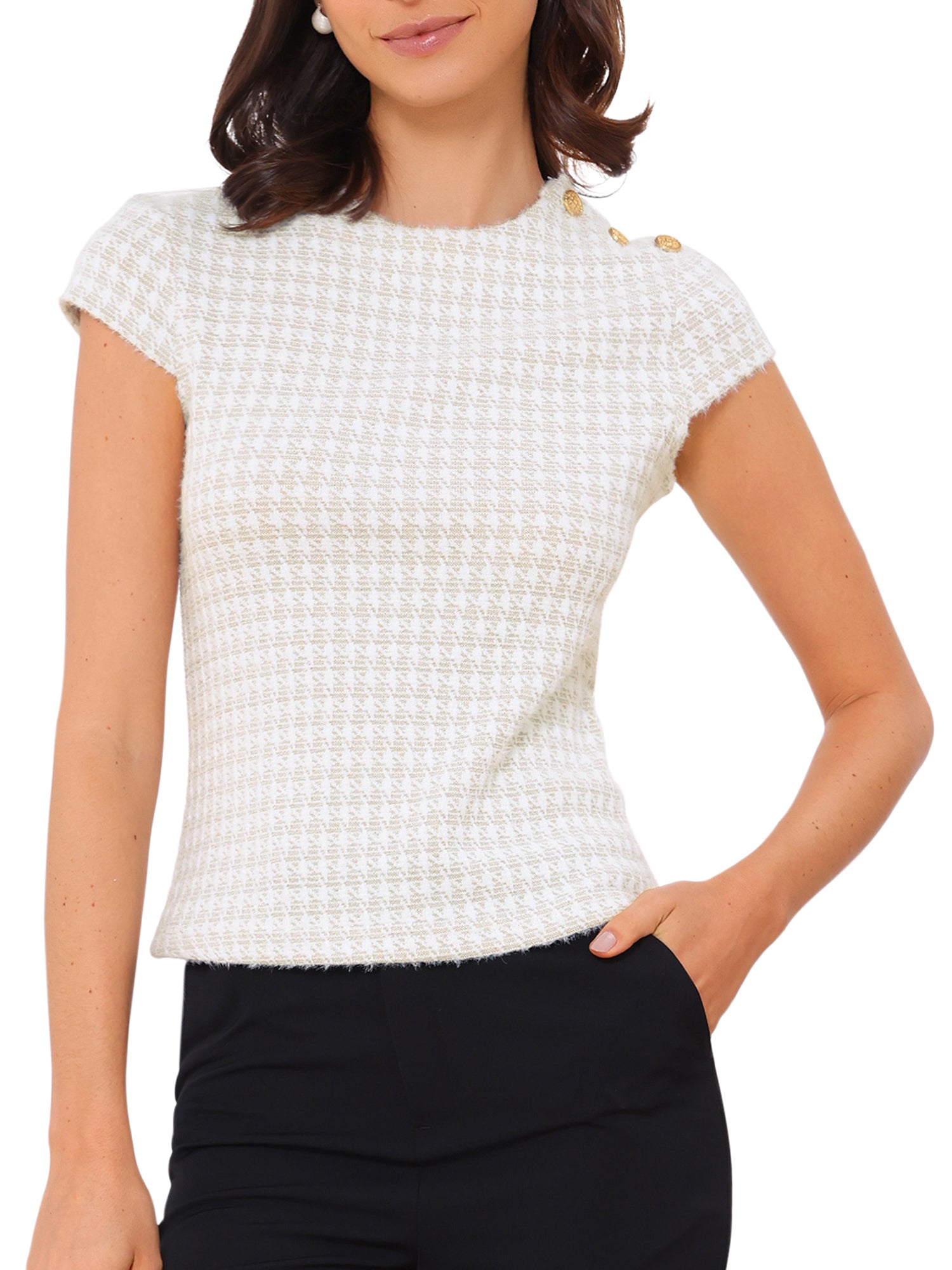 Houndstooth Crew Neck Strenchy Work Office Cap Sleeve Top