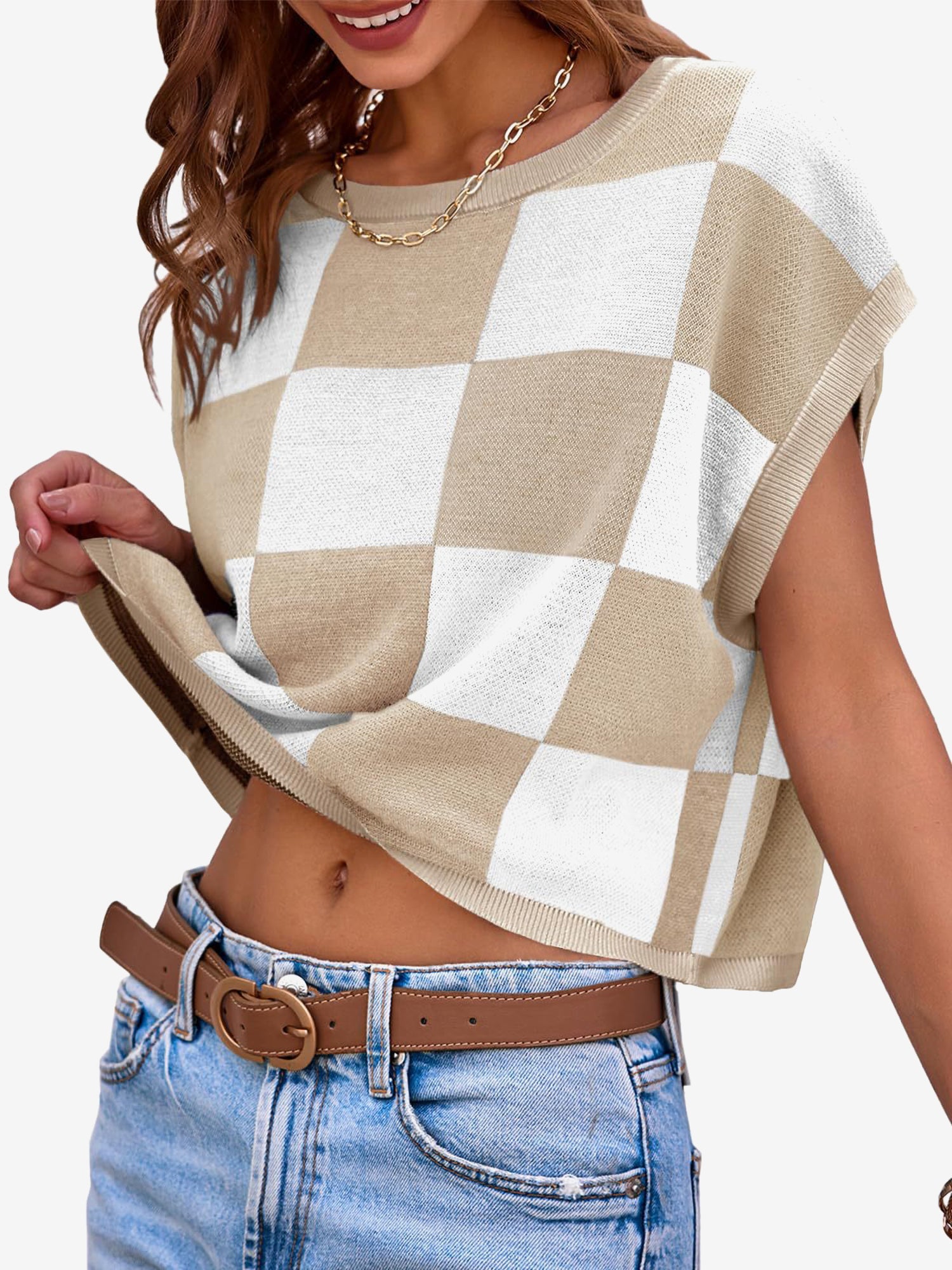 Short Sleeve Colorblock Crew Neck Knit Tops