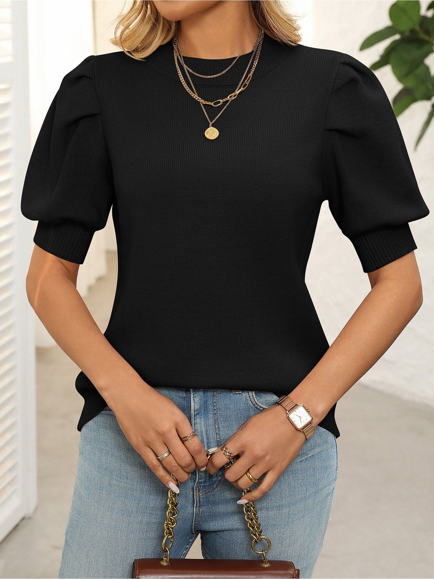 Casual Chic with Ribbed Knit & Relaxed Fit Crew Neck Puff Sleeve Solid Color Knit Tops