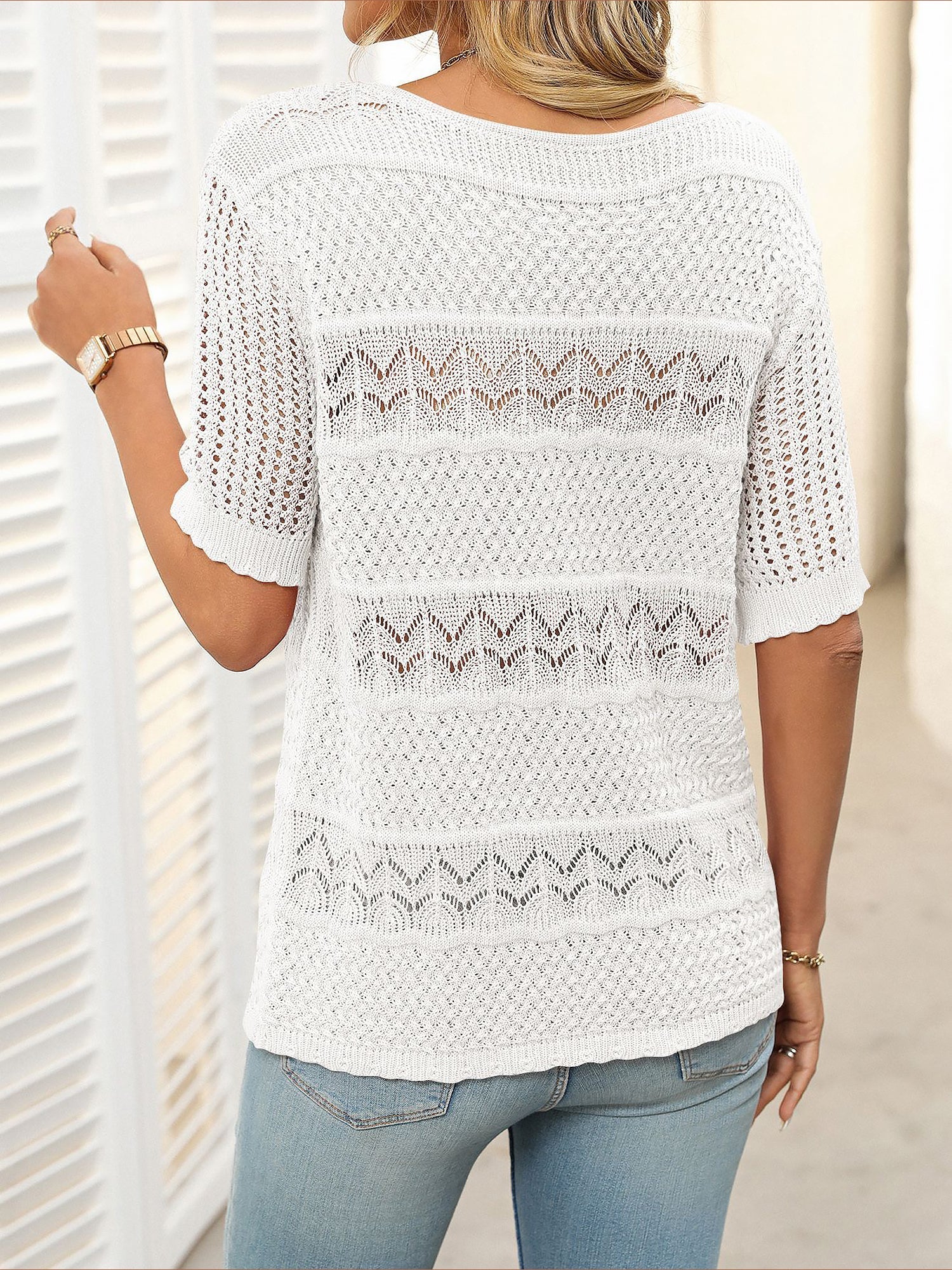 Round Neck Short Sleeve Crochet Knit Tops