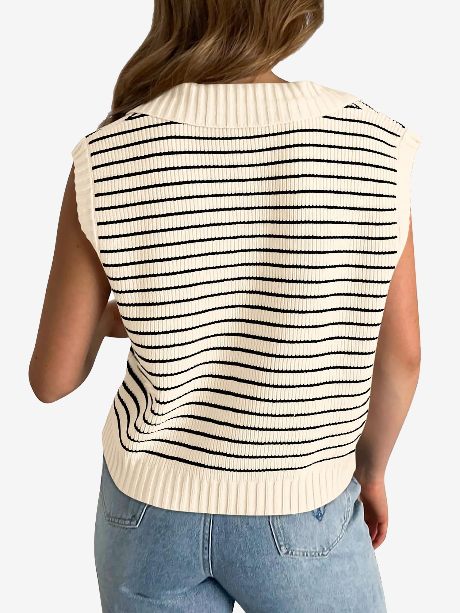 Collared V Neck Knitted Casual Striped Sweater