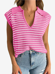 Collared V Neck Knitted Casual Striped Sweater