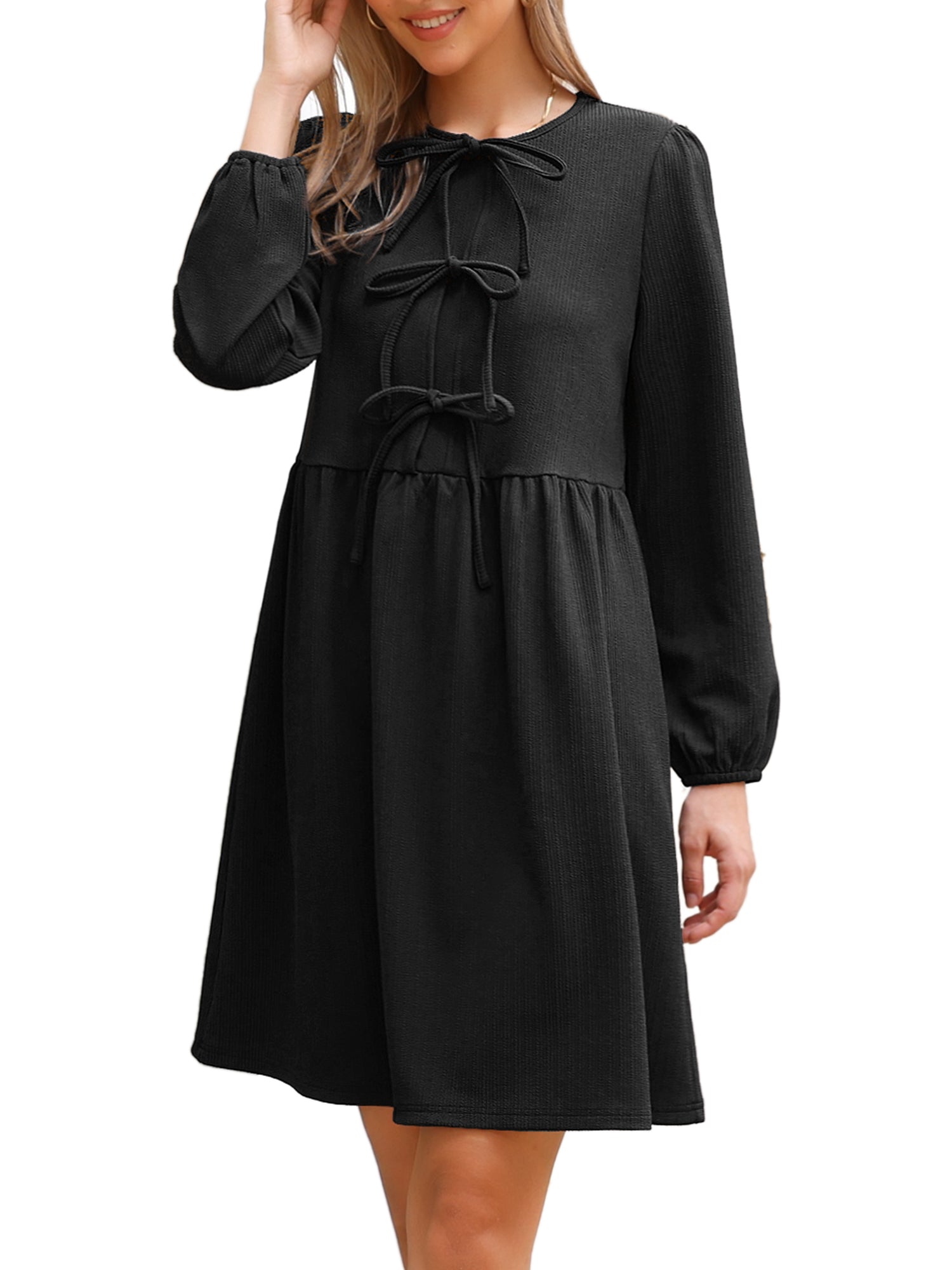 Puff Long Sleeve Bow Tie Front Babydoll Dress