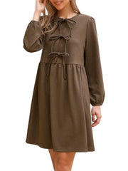 Puff Long Sleeve Bow Tie Front Babydoll Dress