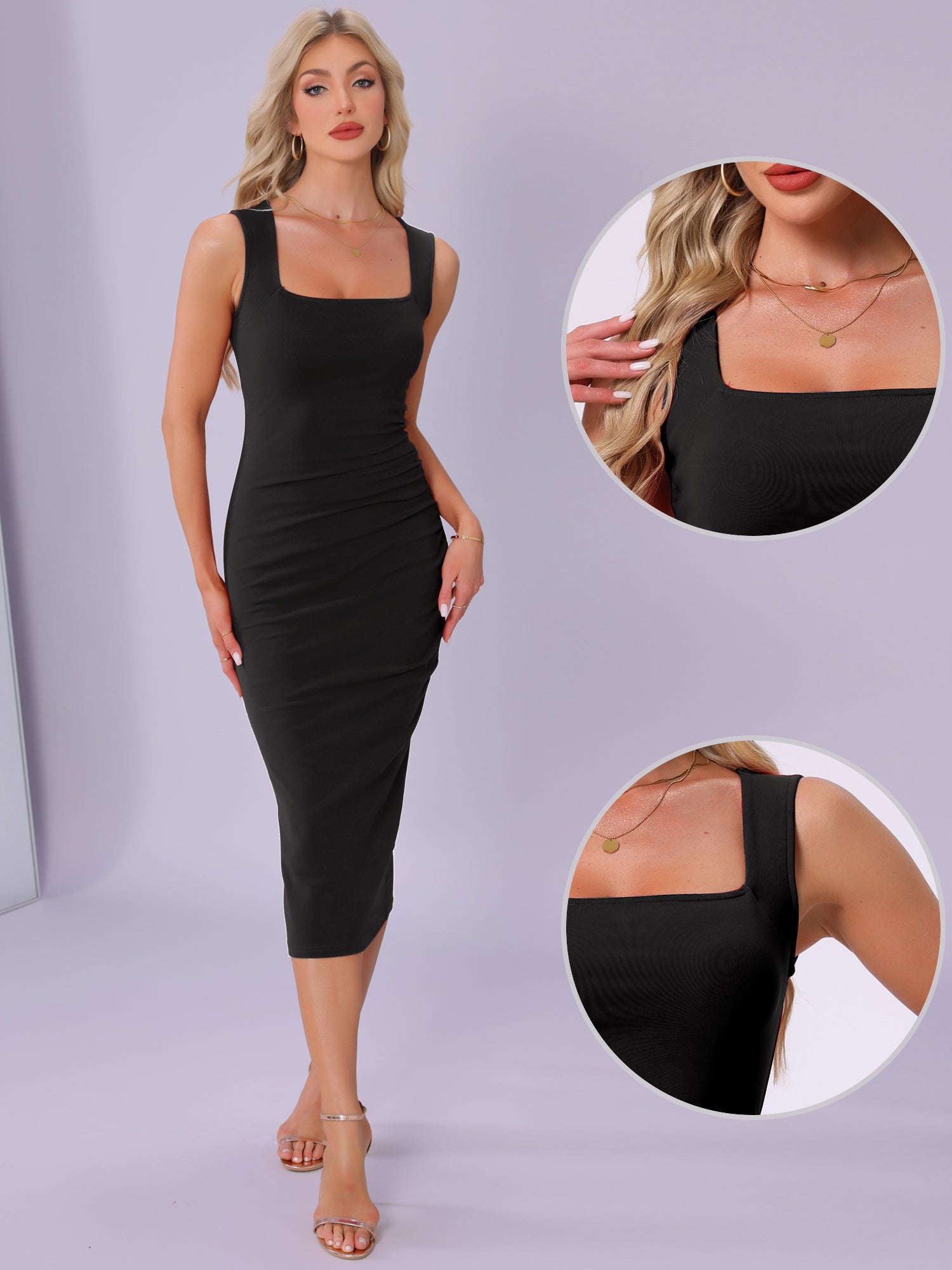Sleeveless Square Neck Ruched Bodycon Party Midi Dress