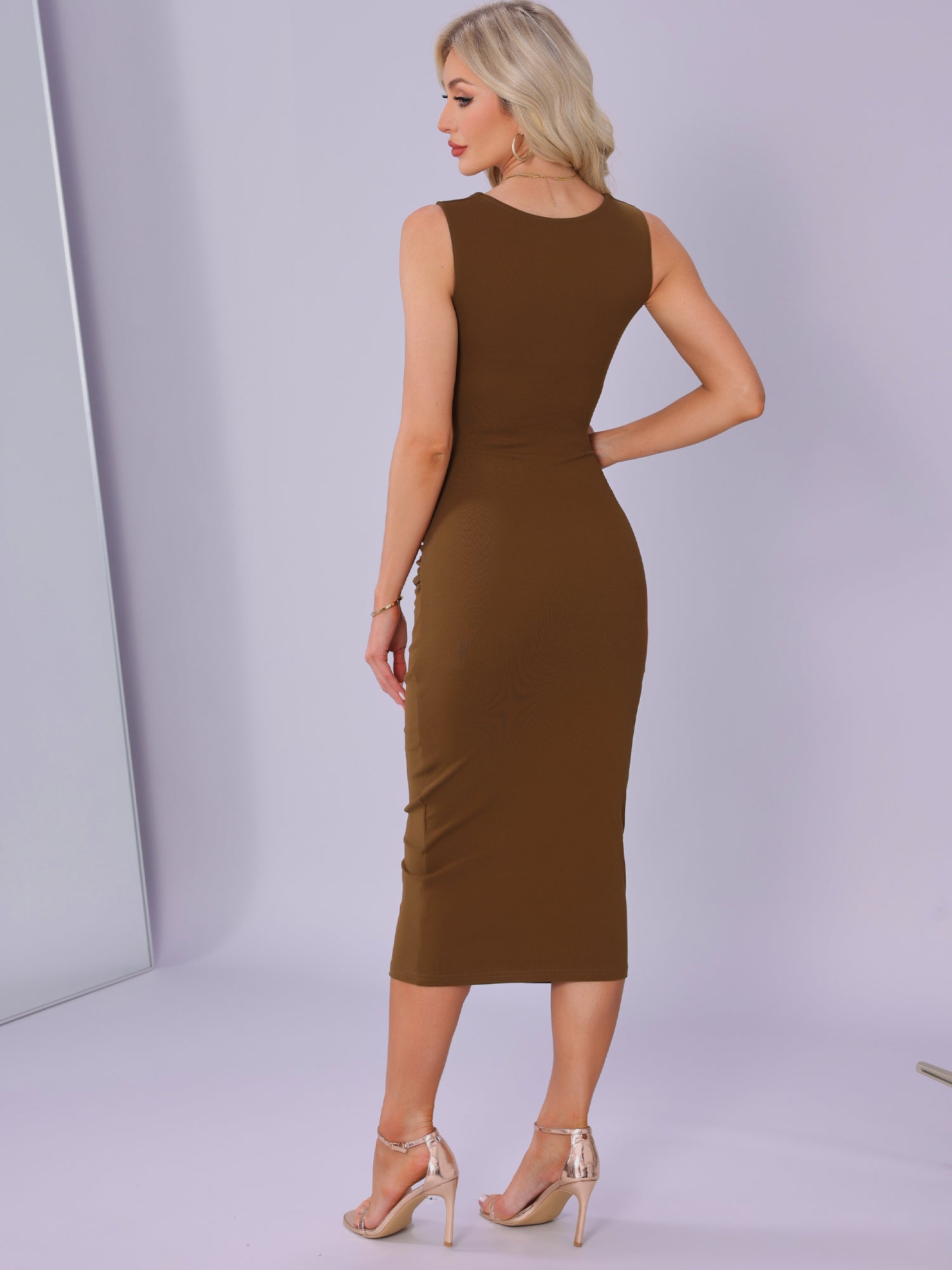 Sleeveless Square Neck Ruched Bodycon Party Midi Dress