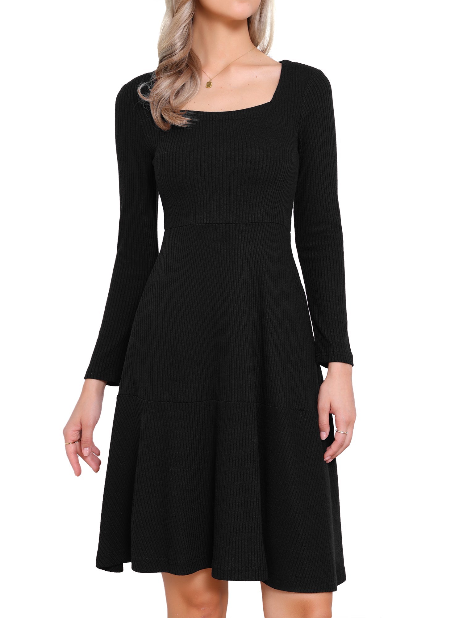 Square Neck Long Sleeve A-Line Pockets Knitted Sweater Dress