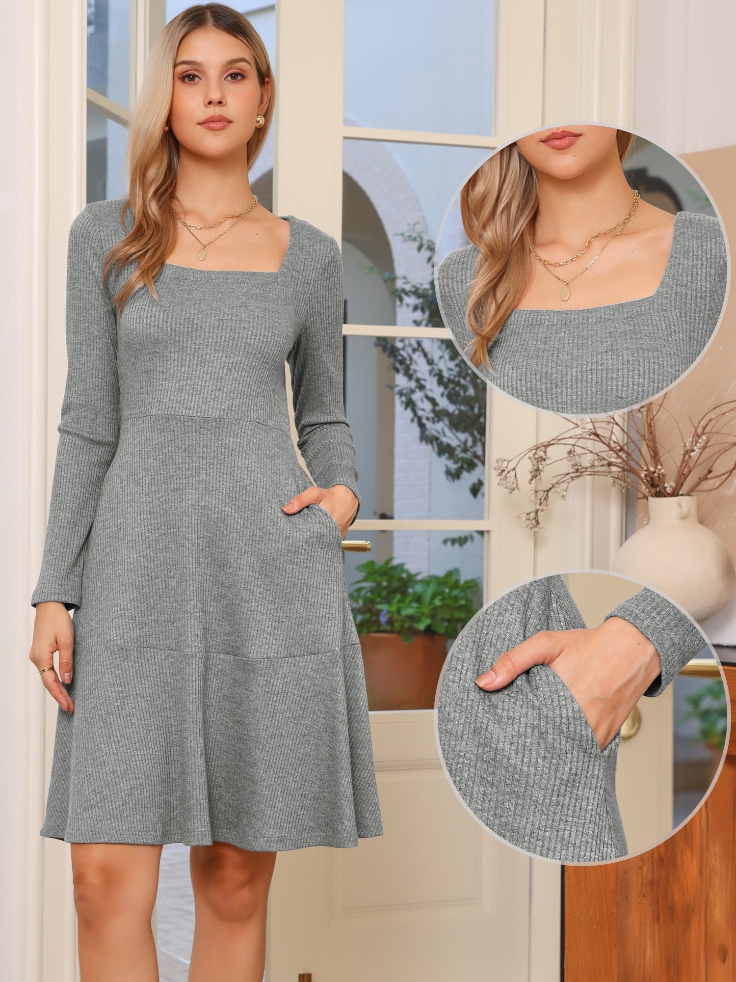 Square Neck Long Sleeve A-Line Pockets Knitted Sweater Dress