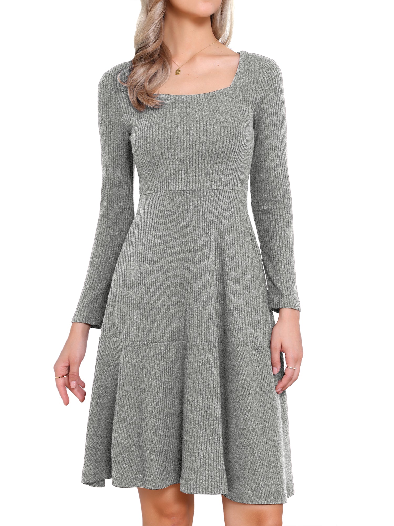 Square Neck Long Sleeve A-Line Pockets Knitted Sweater Dress