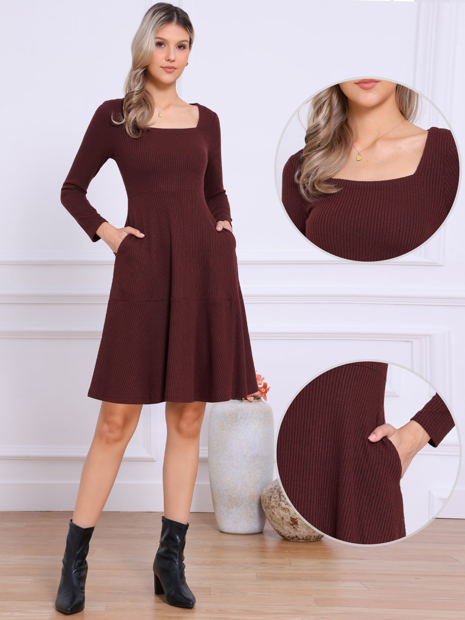 Square Neck Long Sleeve A-Line Pockets Knitted Sweater Dress