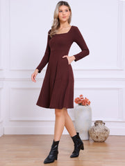 Square Neck Long Sleeve A-Line Pockets Knitted Sweater Dress