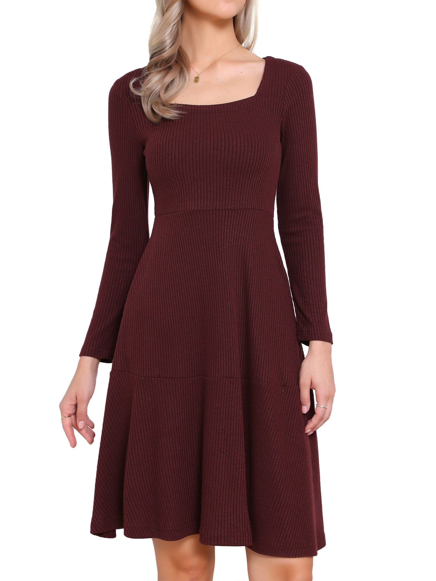 Square Neck Long Sleeve A-Line Pockets Knitted Sweater Dress