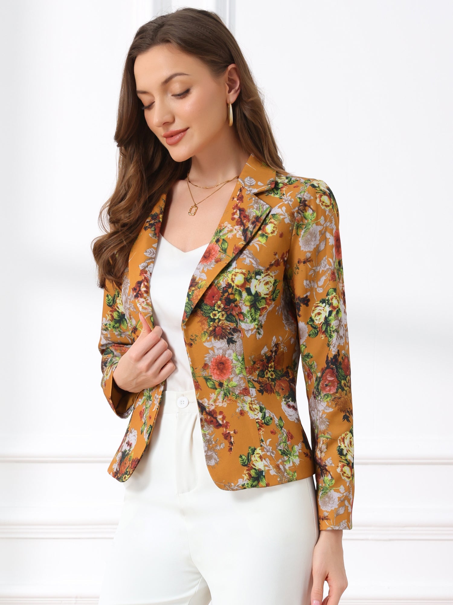 Business Casual Open Front Notch Lapel Plaid Suit Blazer