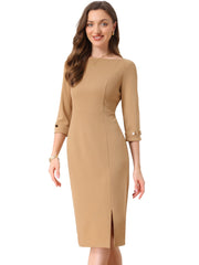 Work Boat Neck 3/4 Sleeves Midi Split Sheath Dress
