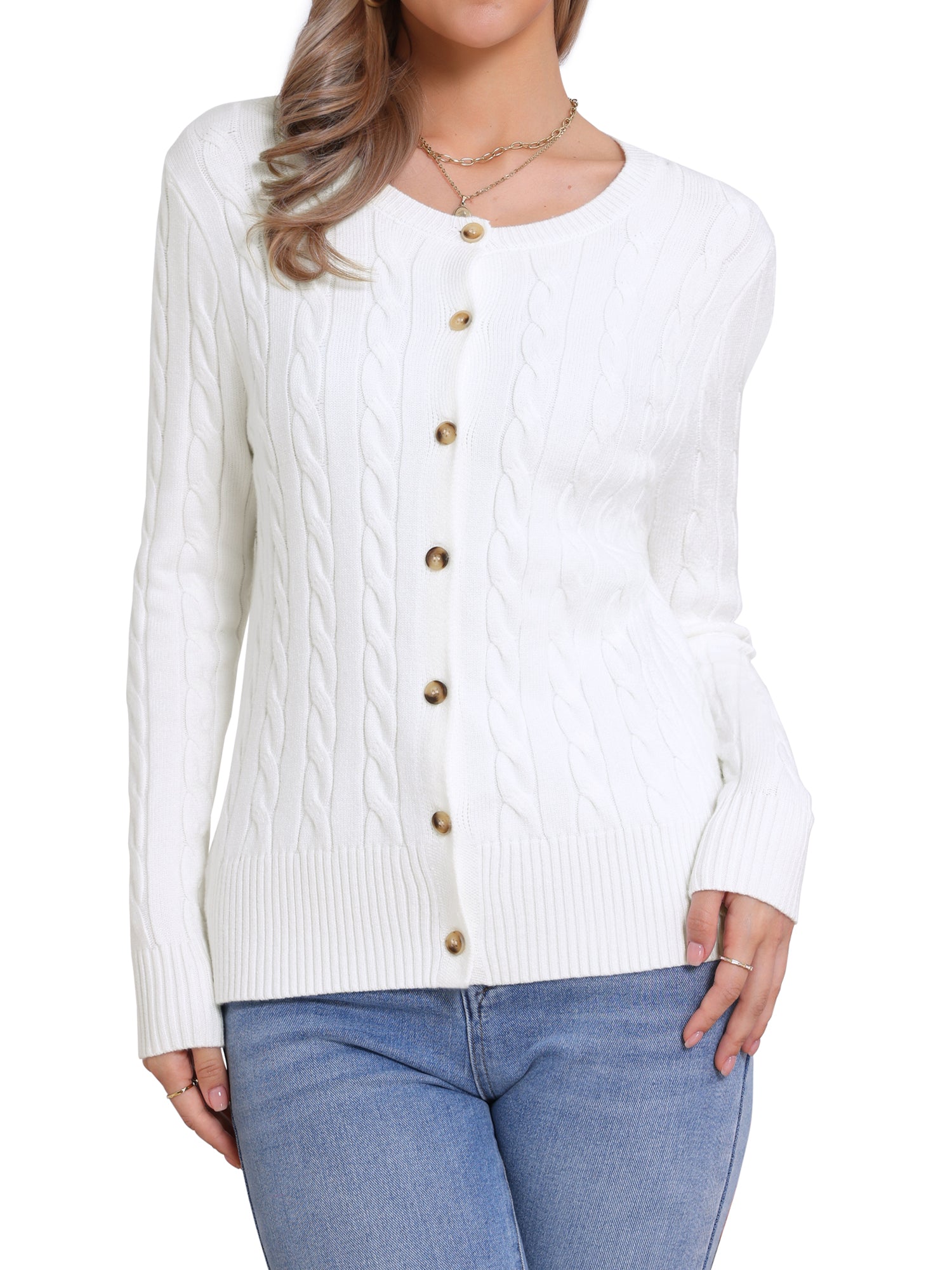 Crew Neck Button Down Long Sleeve Casual Knit Sweater Cardigan
