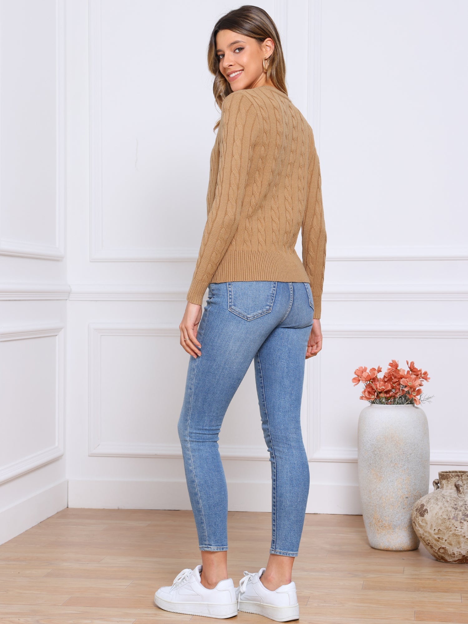 Crew Neck Button Down Long Sleeve Casual Knit Sweater Cardigan