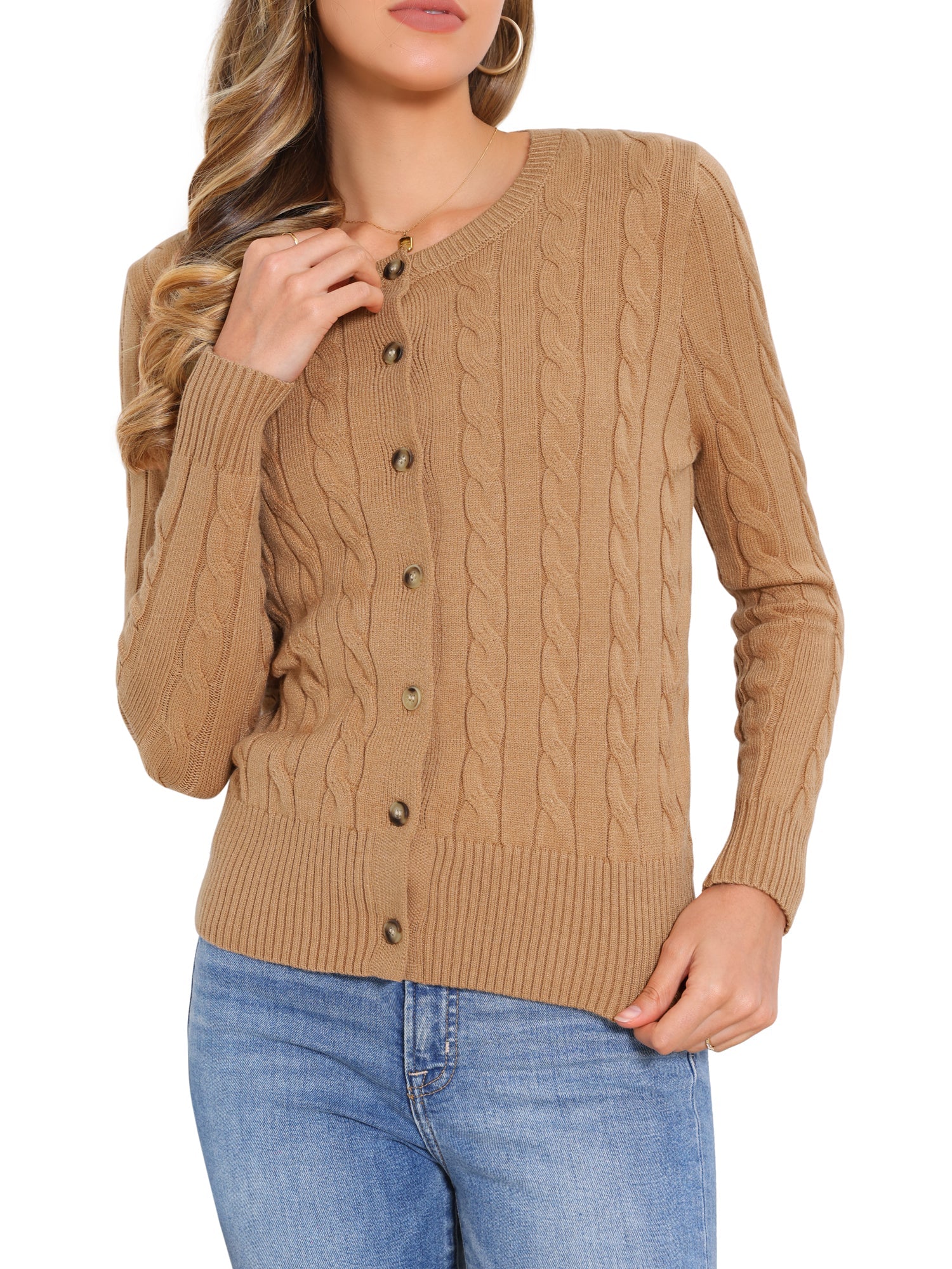 Crew Neck Button Down Long Sleeve Casual Knit Sweater Cardigan