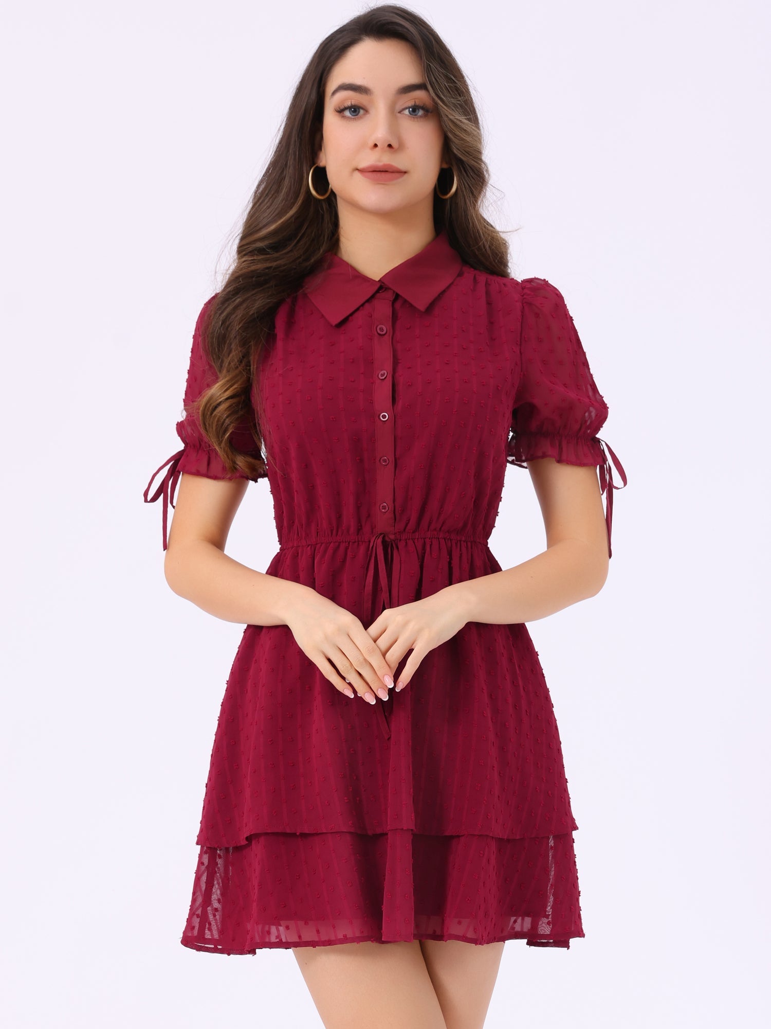 Peter Pan Collar Floral Drawstring Chiffon Layered Dress