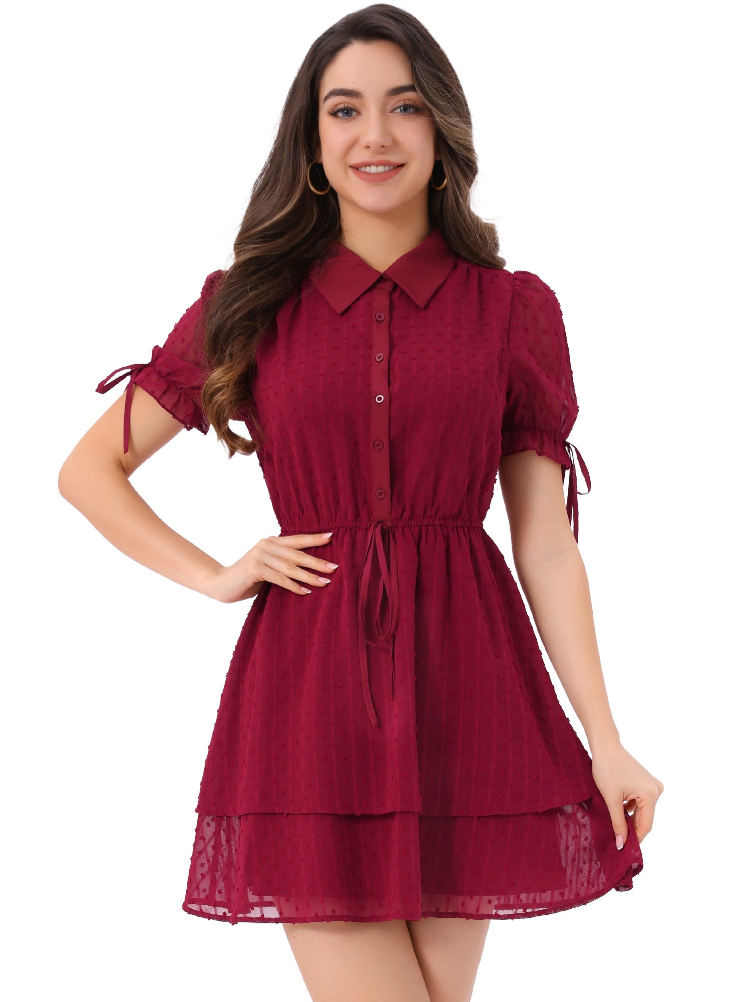 Peter Pan Collar Floral Drawstring Chiffon Layered Dress