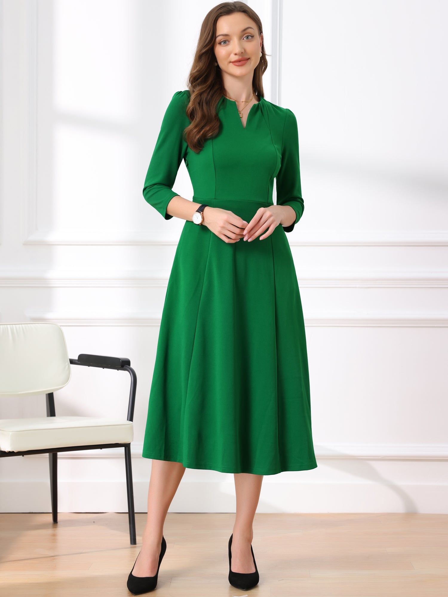 Notch Neck Pocketed 3/4 Sleeve Solid A-Line Work Dress