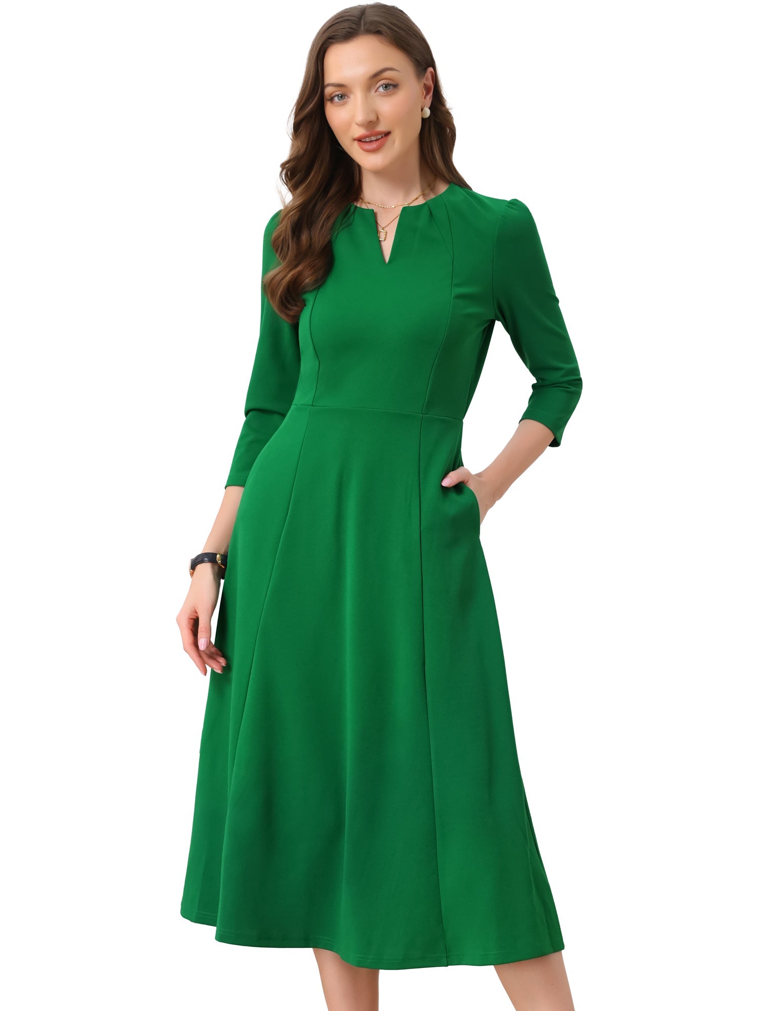 Notch Neck Pocketed 3/4 Sleeve Solid A-Line Work Dress