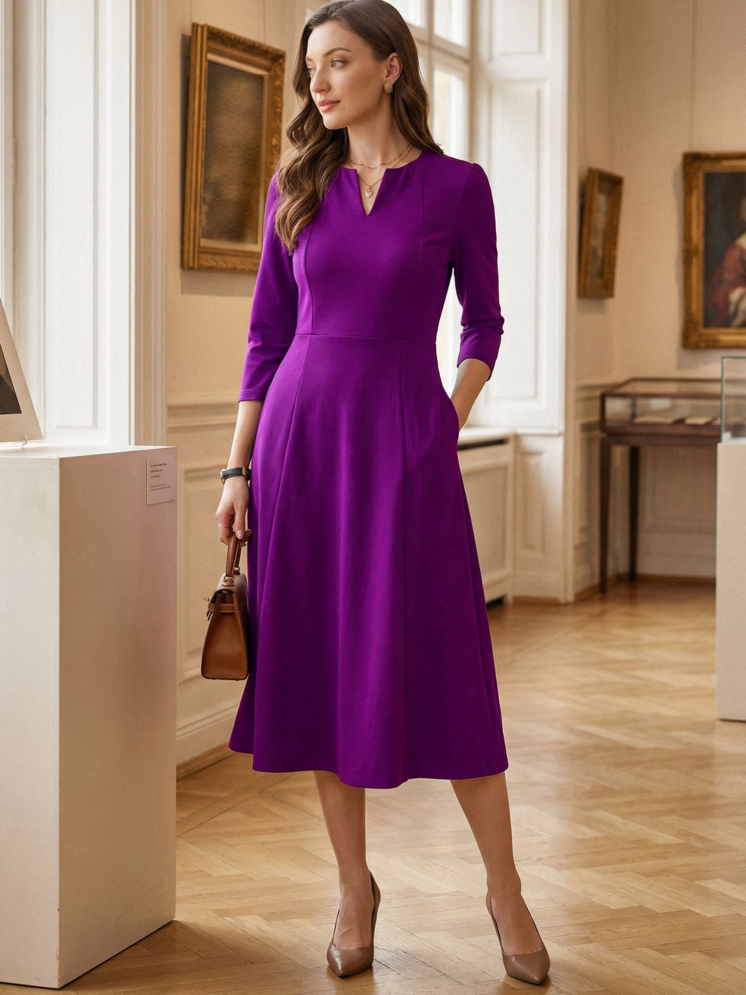 Notch Neck 3/4 Sleeve Pocketed Solid A-Line Work Dress