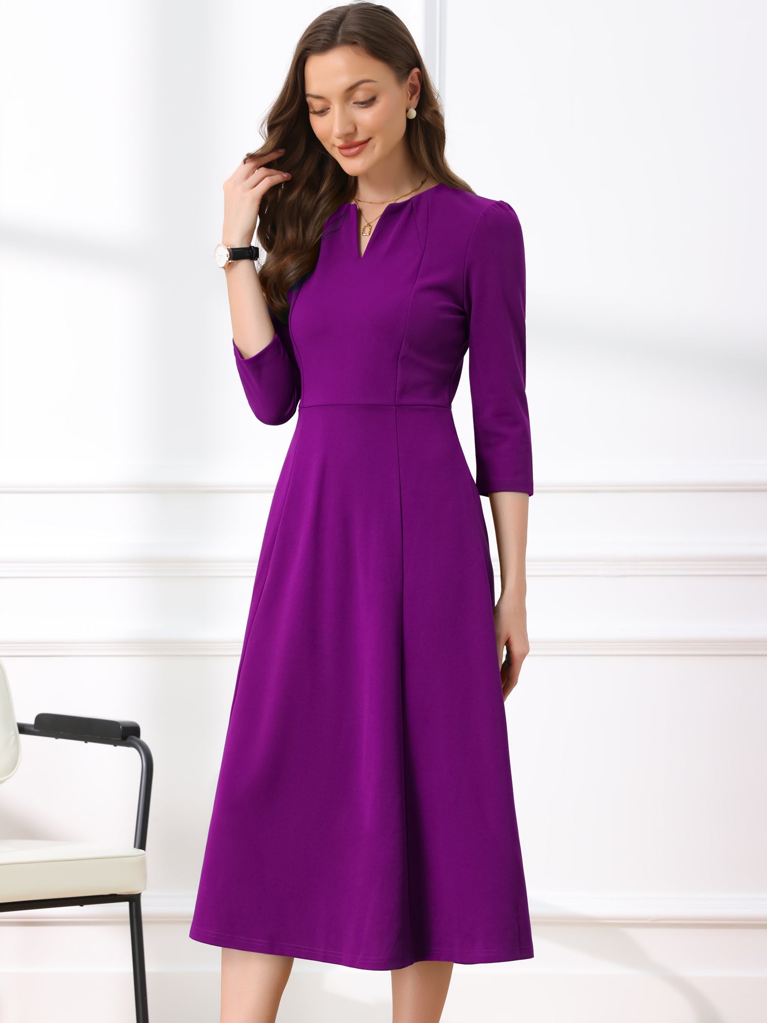 Notch Neck 3/4 Sleeve Pocketed Solid A-Line Work Dress