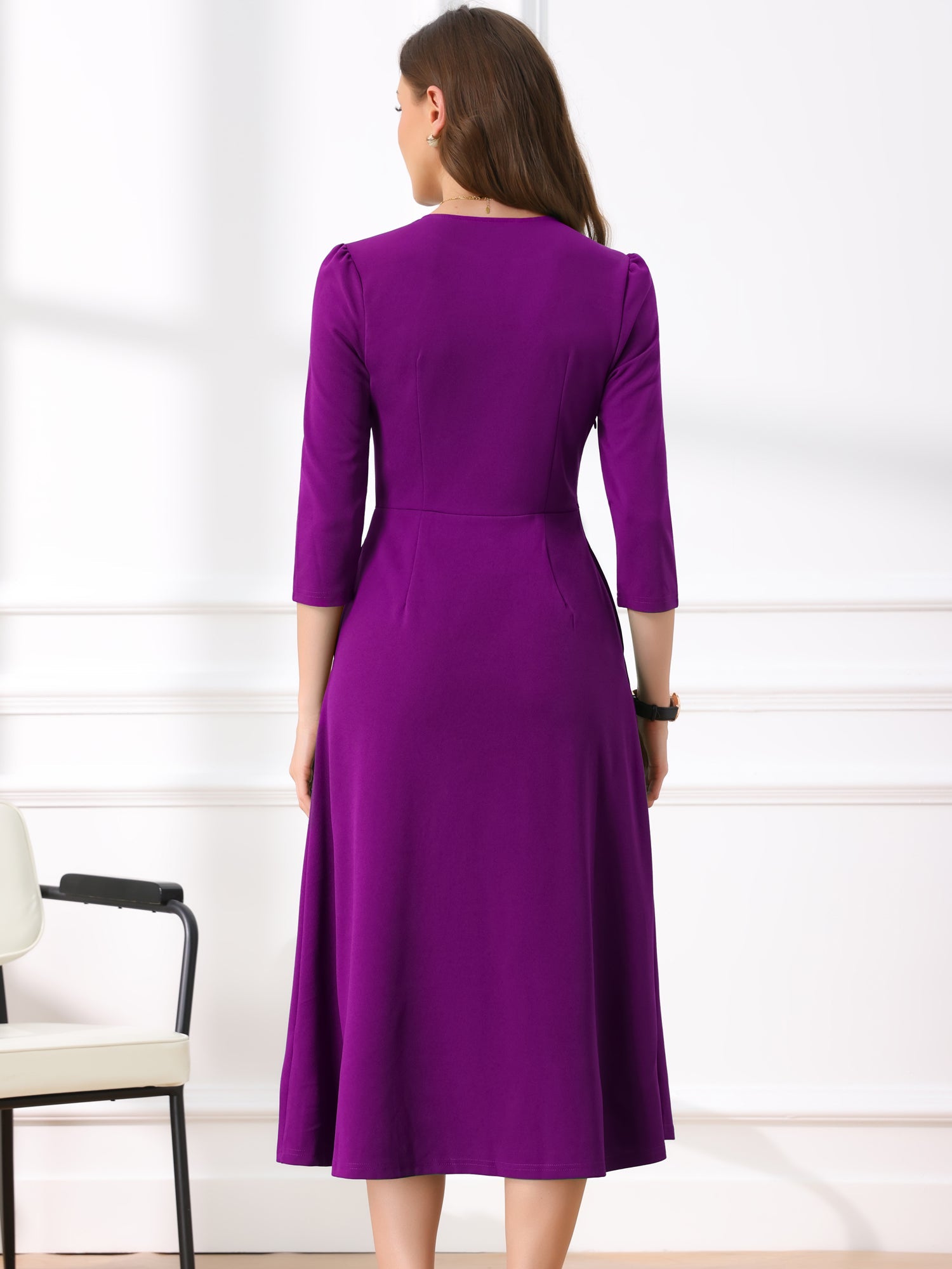 Notch Neck 3/4 Sleeve Pocketed Solid A-Line Work Dress