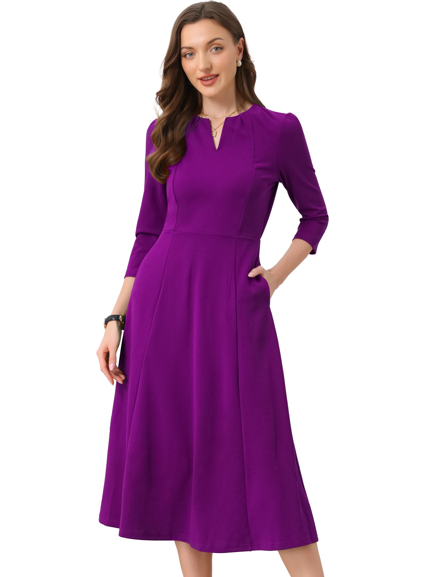 Notch Neck 3/4 Sleeve Pocketed Solid A-Line Work Dress