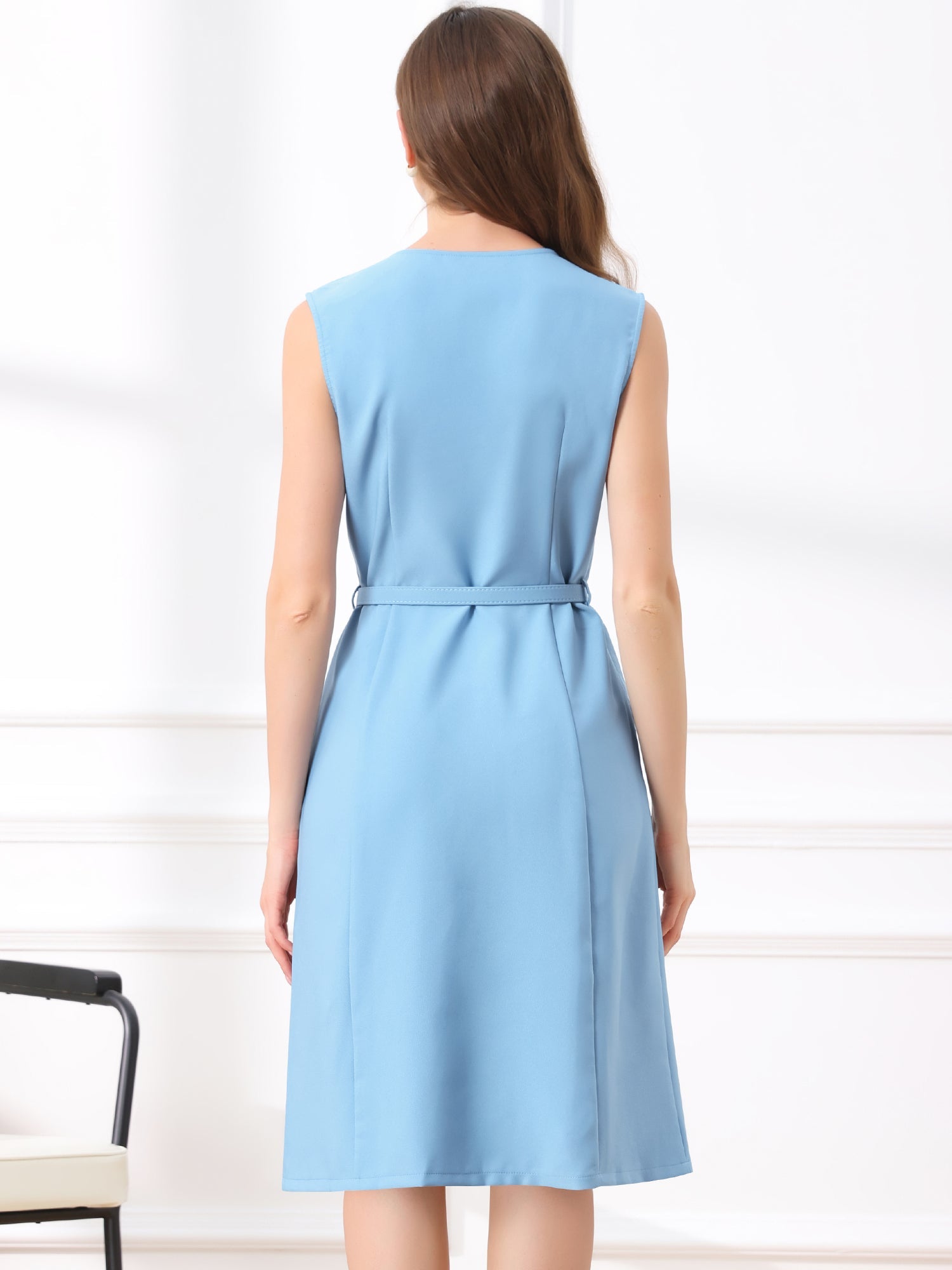 V Neck Sleeveless Belted A-Line Midi Work Dress