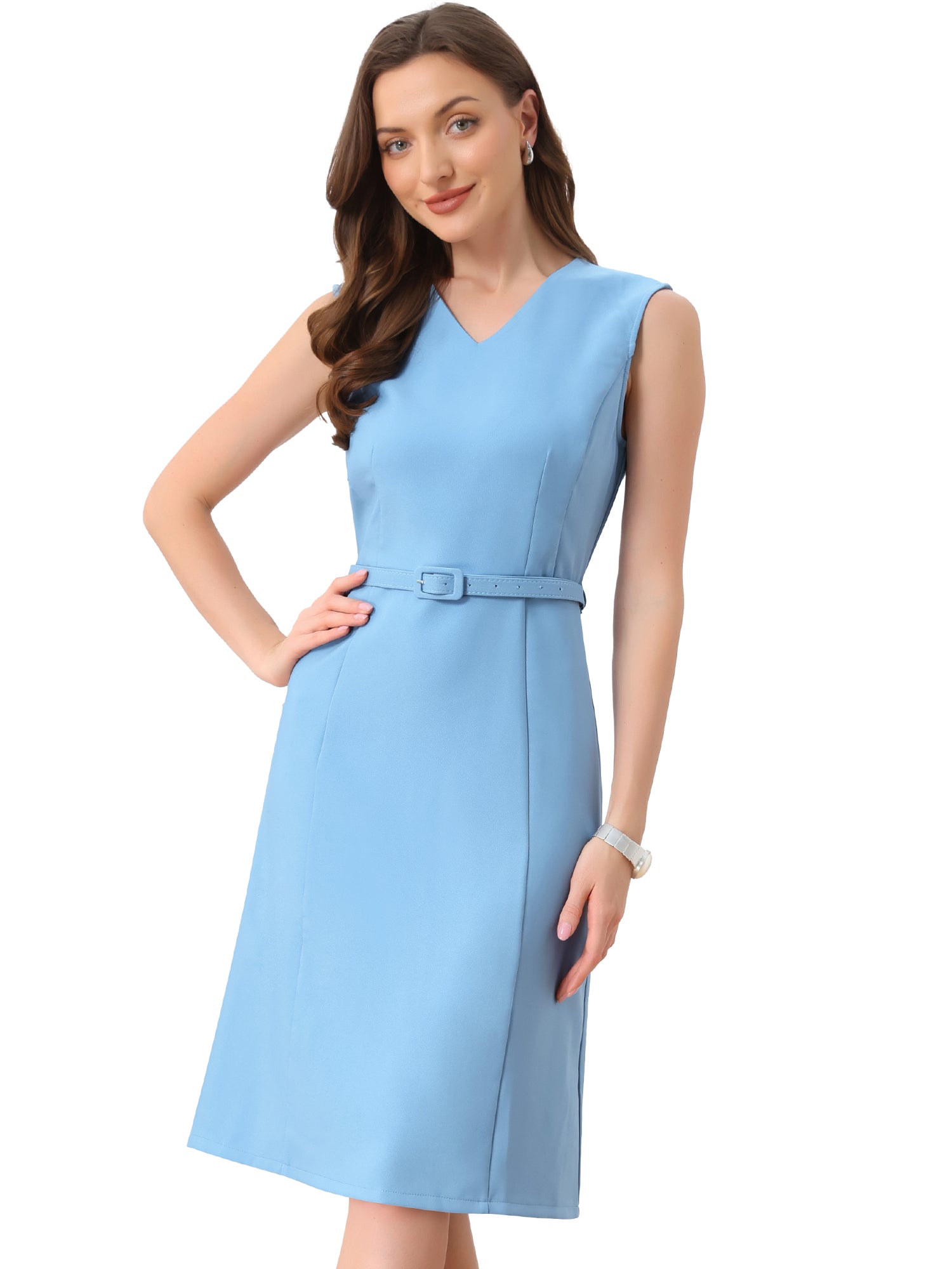 V Neck Sleeveless Belted A-Line Midi Work Dress