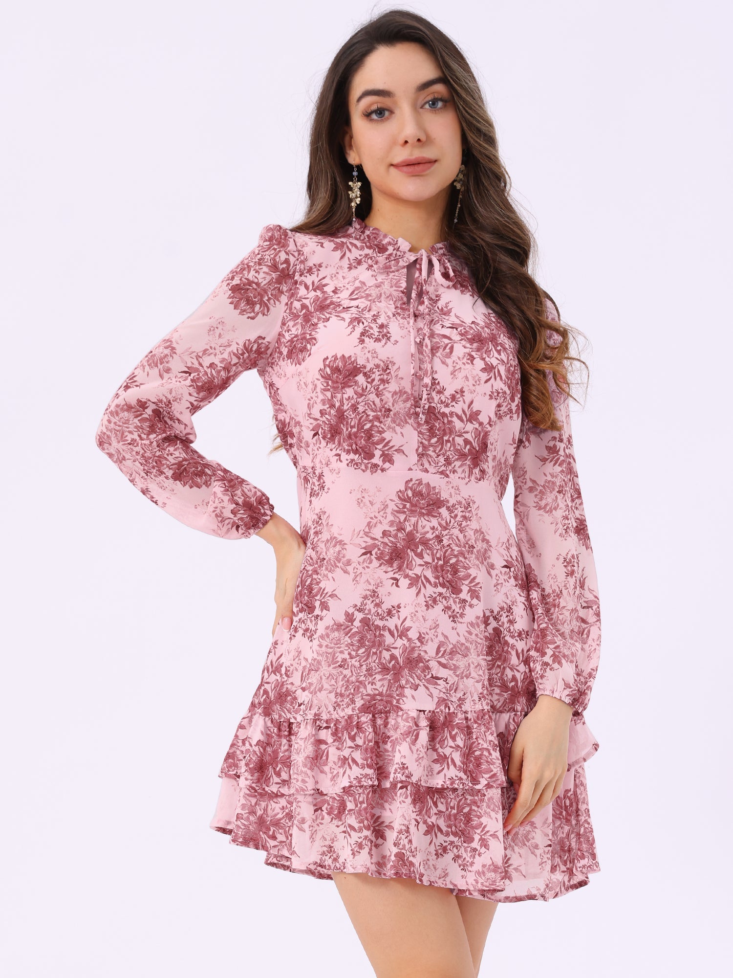 Floral V Neck Semi Sheer Layered Tiered Mini Dress