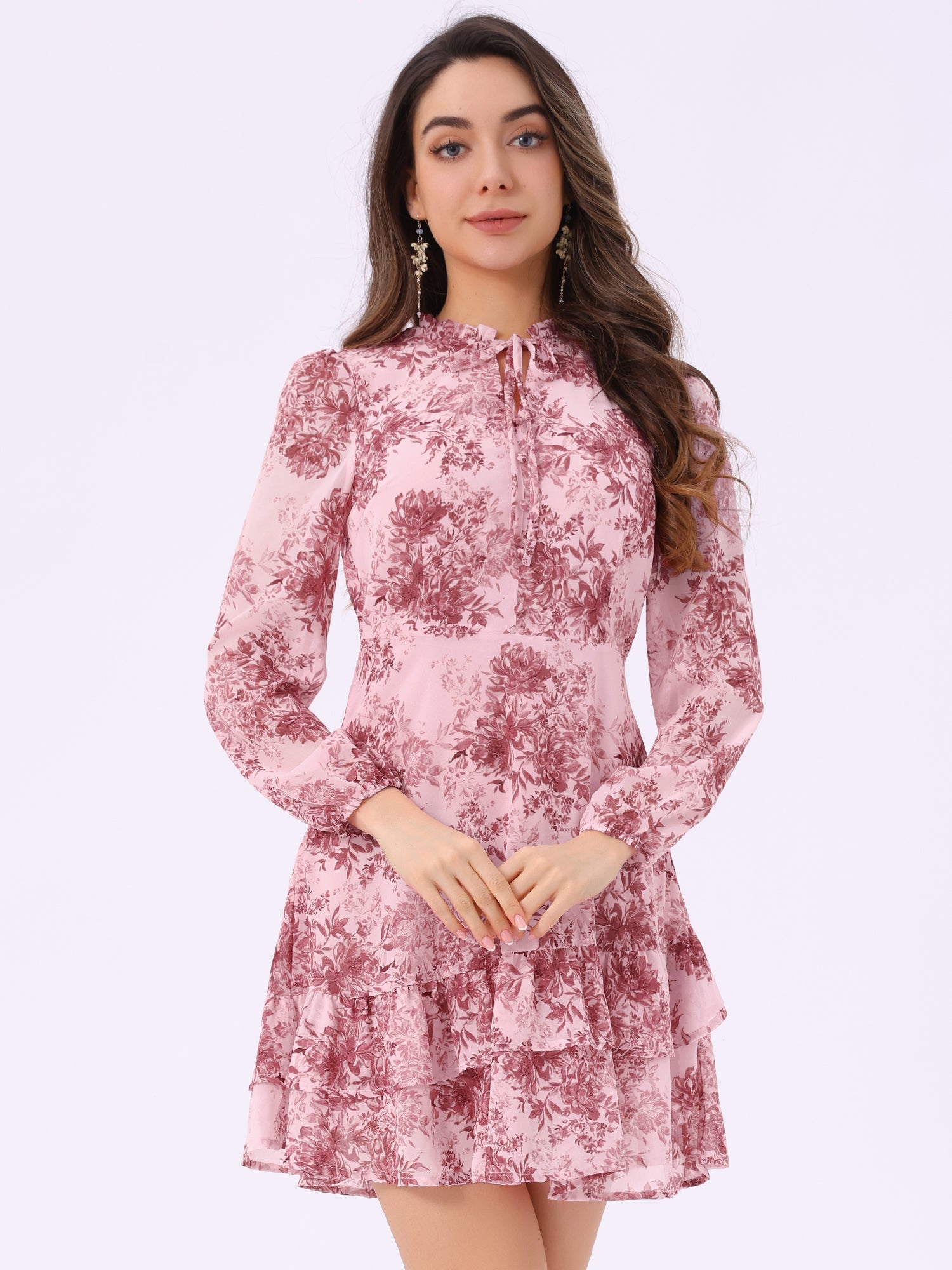 Floral V Neck Semi Sheer Layered Tiered Mini Dress
