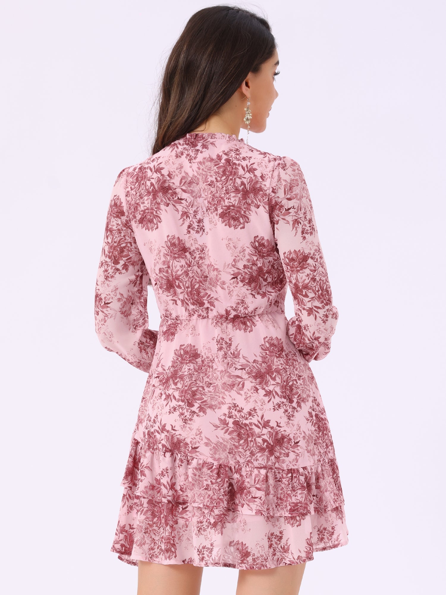 Floral V Neck Semi Sheer Layered Tiered Mini Dress