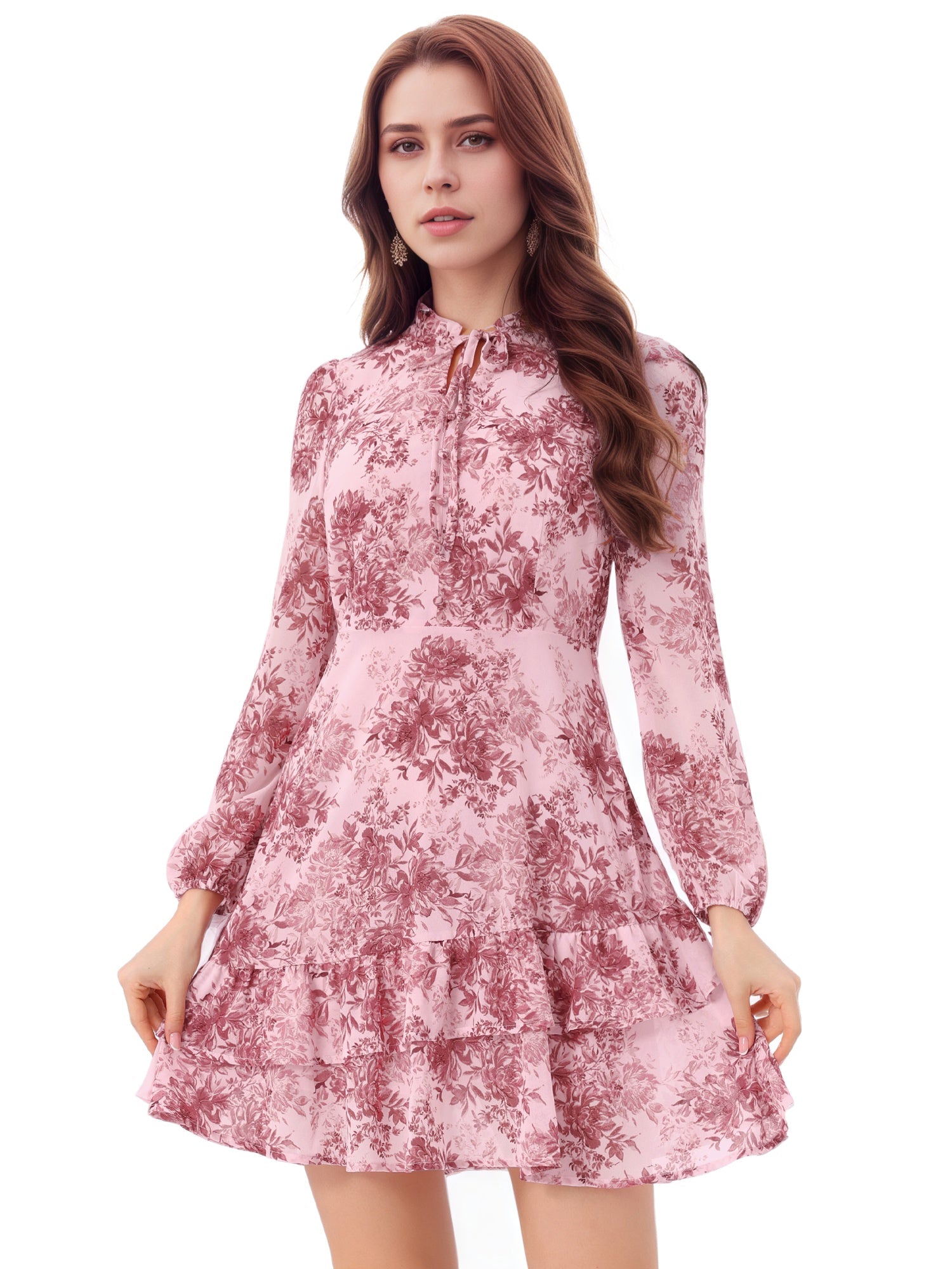 Floral V Neck Semi Sheer Layered Tiered Mini Dress
