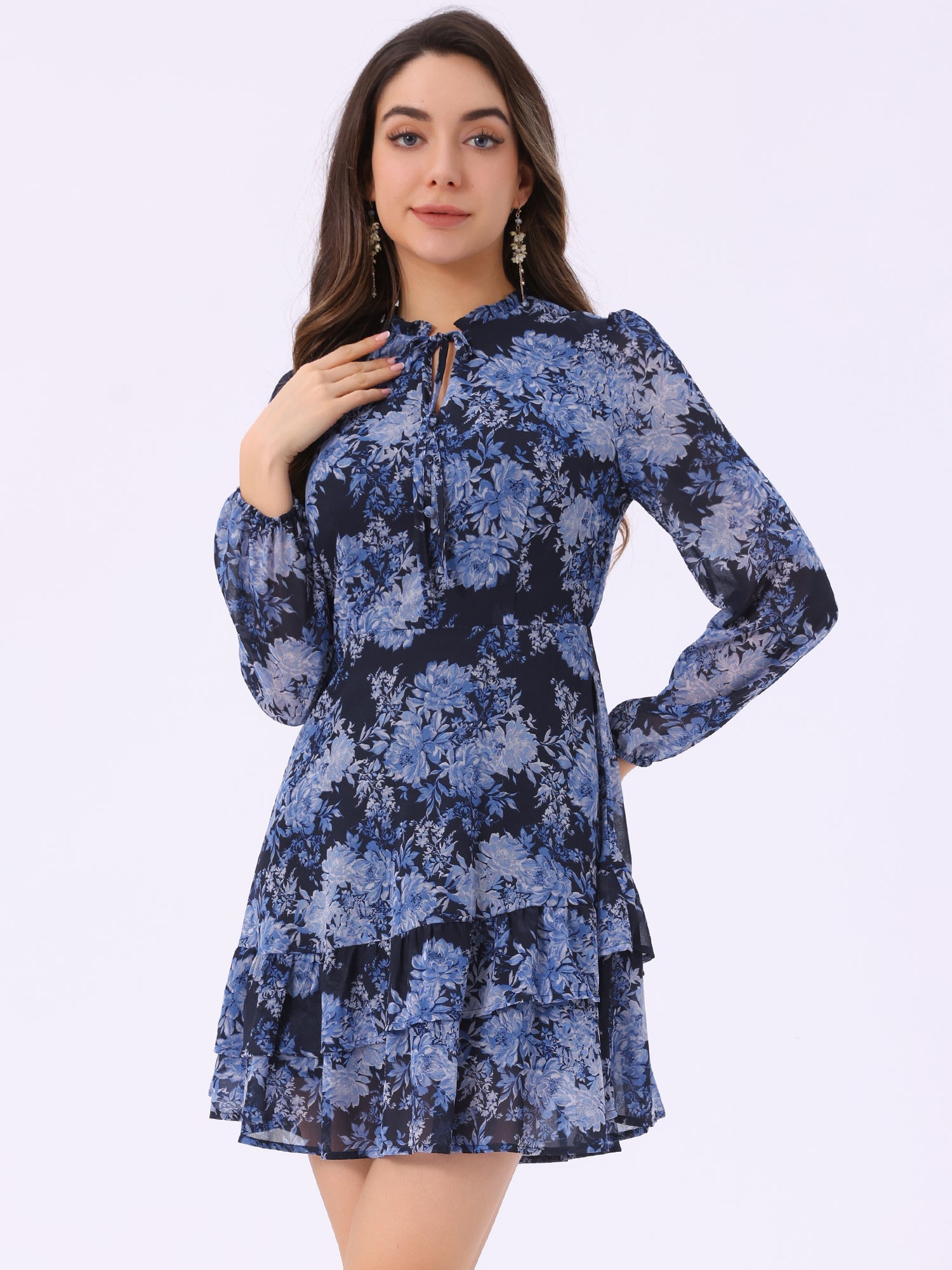 Floral V Neck Semi Sheer Layered Tiered Mini Dress
