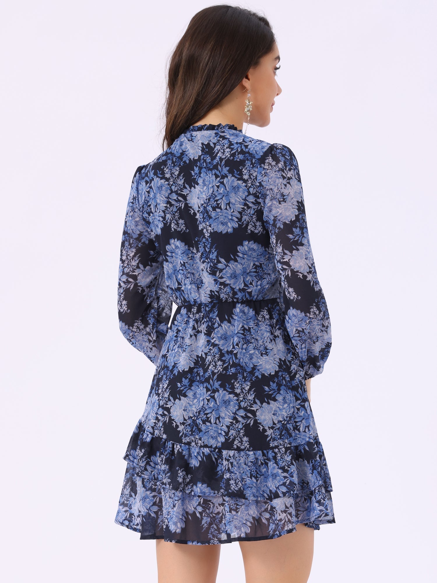 Floral V Neck Semi Sheer Layered Tiered Mini Dress