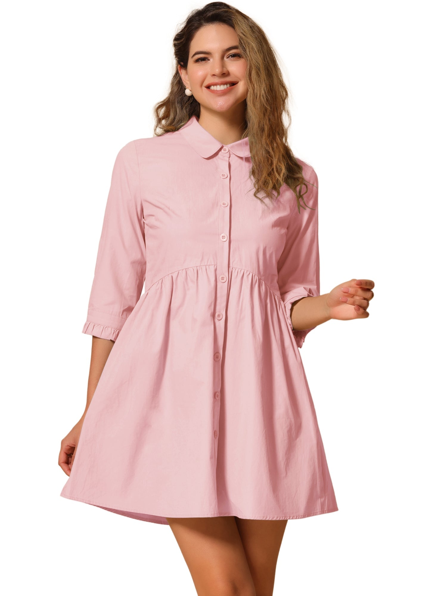 Ruched 3/4 Sleeve Button Up Casual Mini Shirt Dress